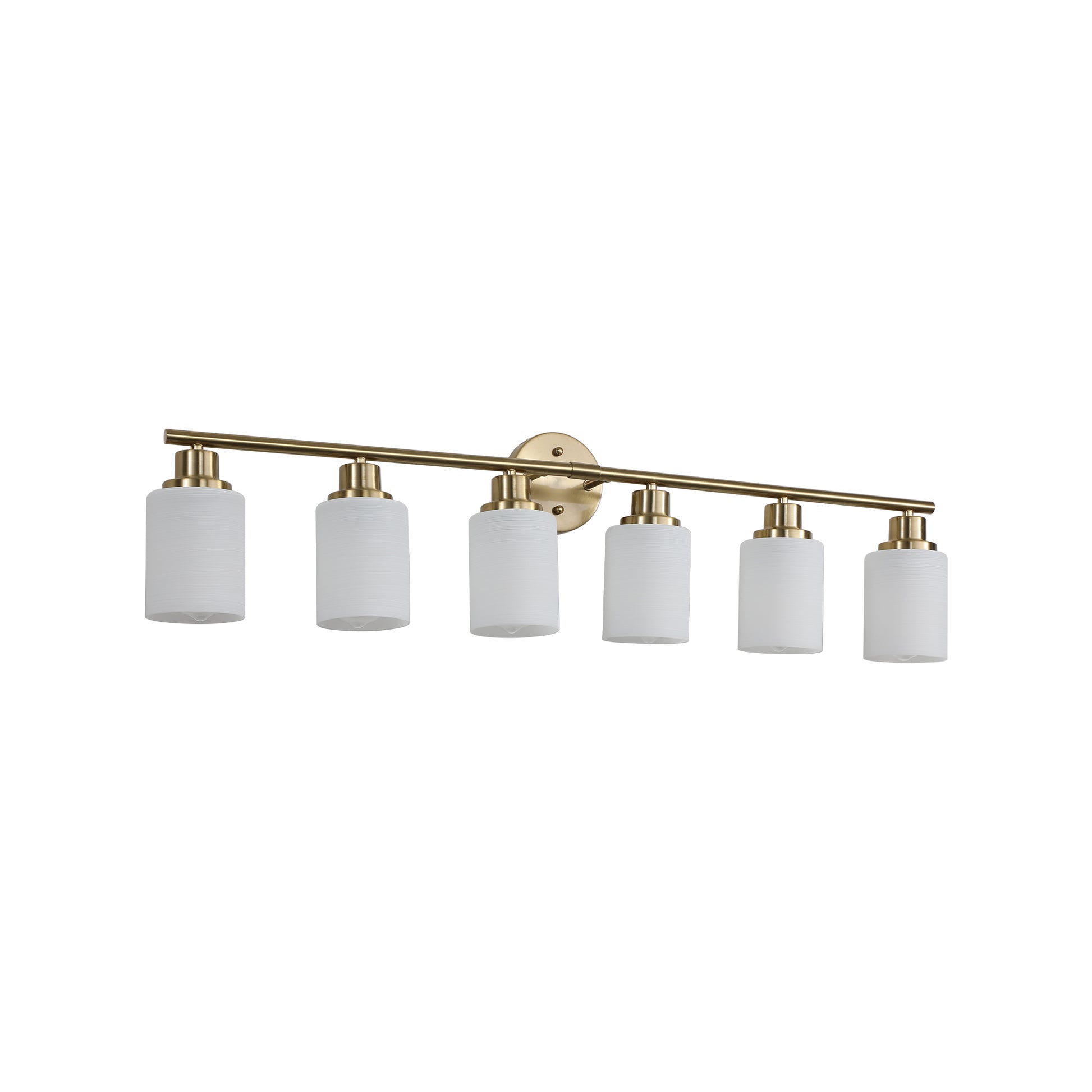 Brass light vanity light fixture with frosted glass cylinder shades for bathroom lighting