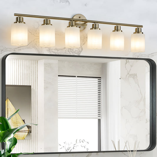 Modern brushed brass vanity light with six frosted glass cylinder shades for bathroom illumination