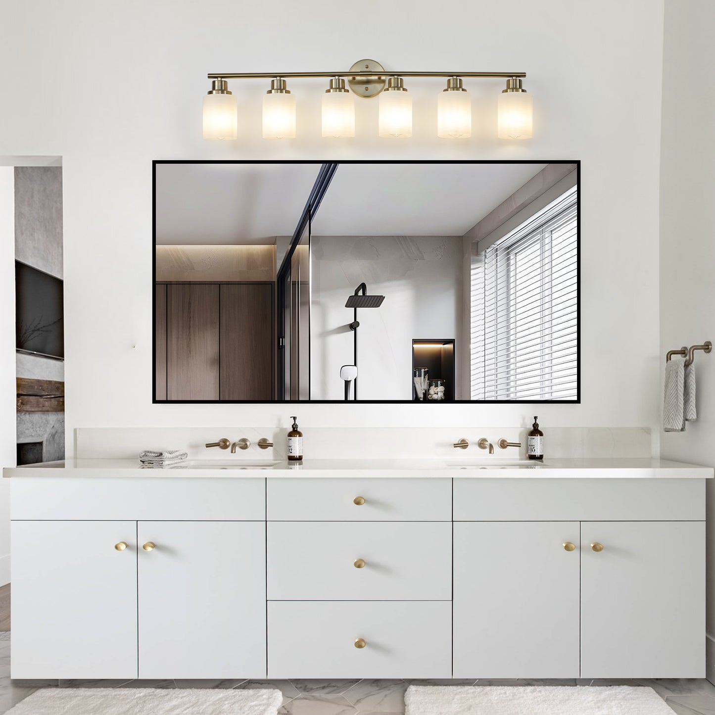 Fivelight modern brass vanity light fixture with frosted glass shades
