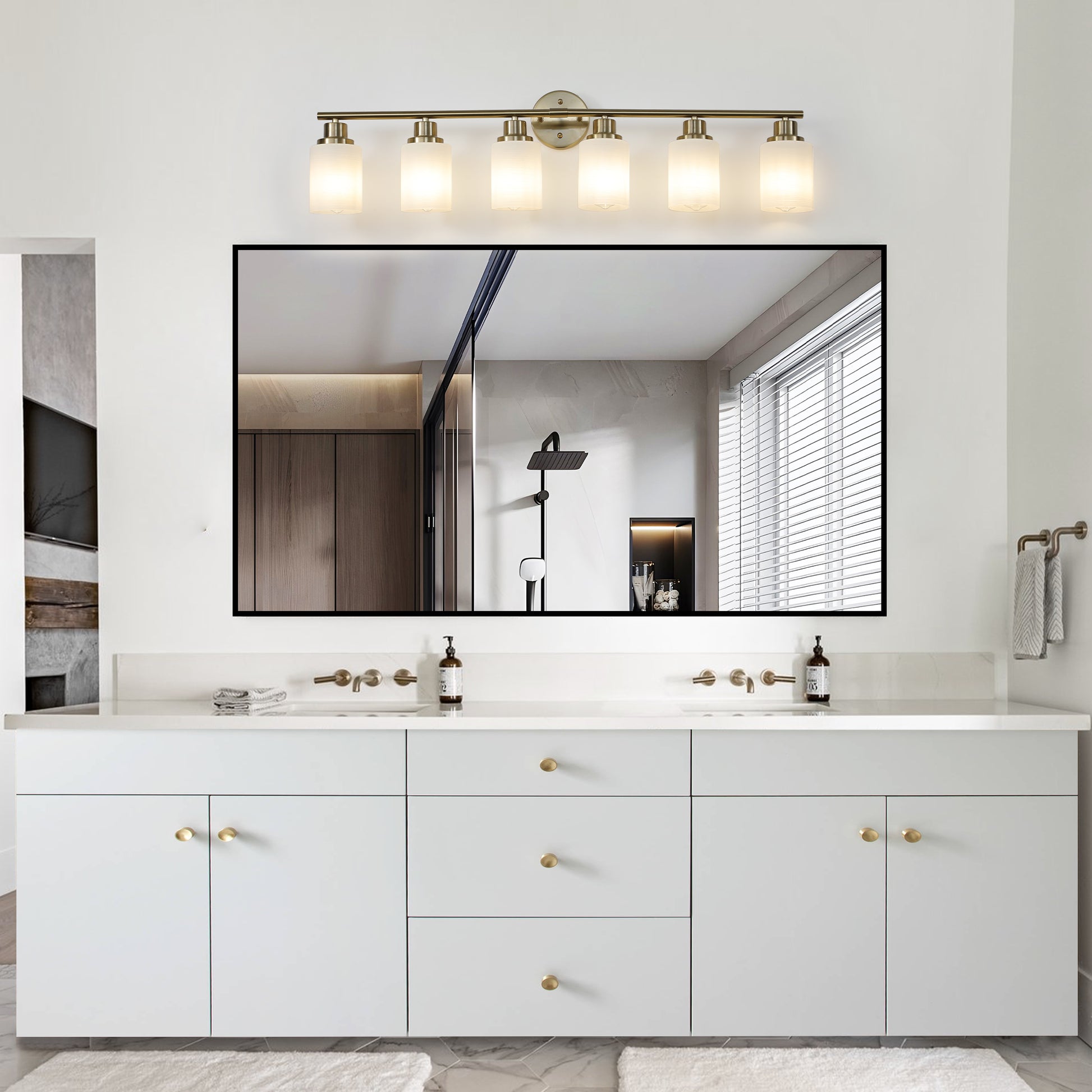 Fivelight modern brass vanity light fixture with frosted glass shades