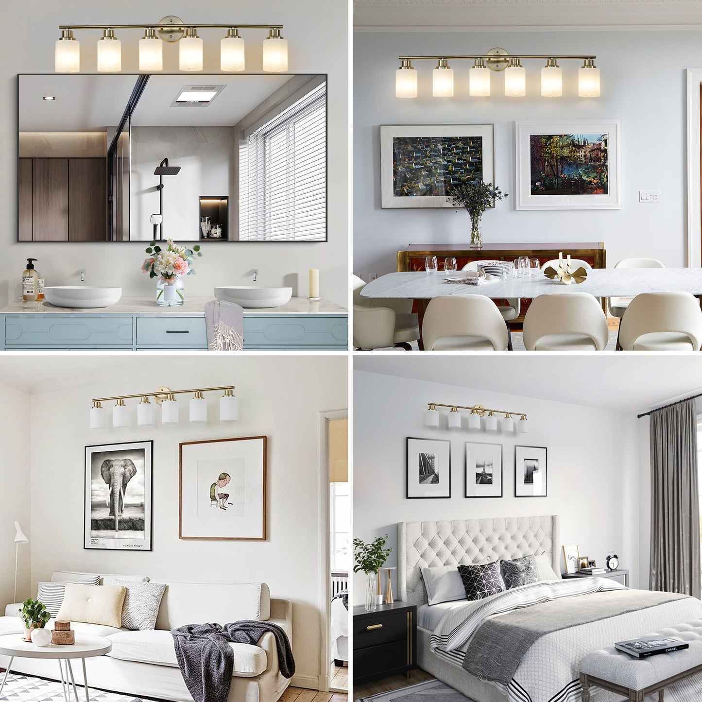 Gold fivelight vanity light fixture with frosted glass shades above a bathroom mirror