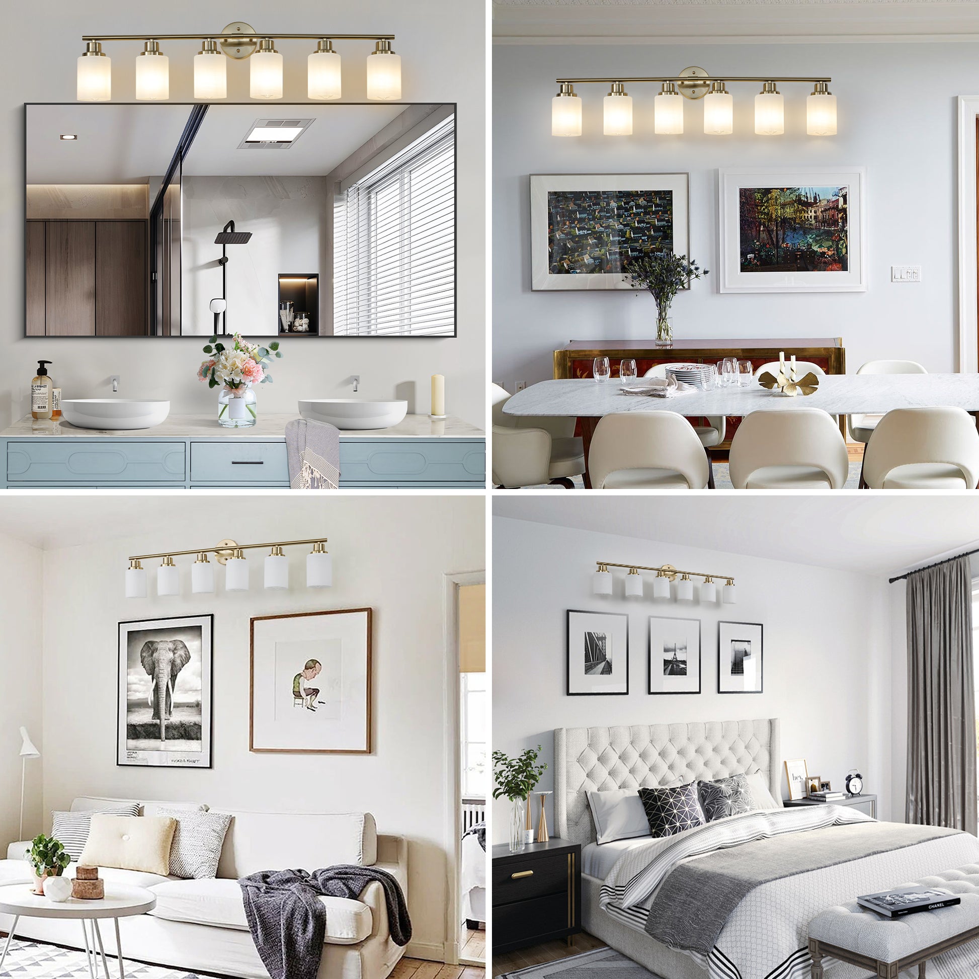 Gold fivelight vanity light fixture with frosted glass shades above a bathroom mirror