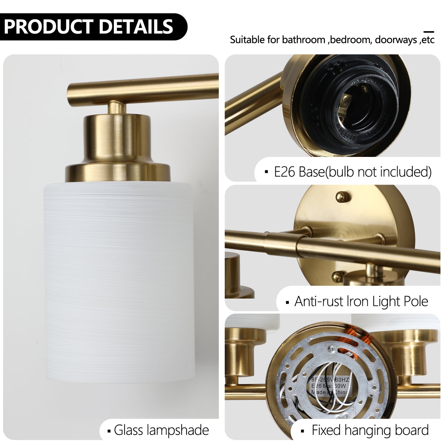 Brass finish modern vanity light with textured glass lampshade