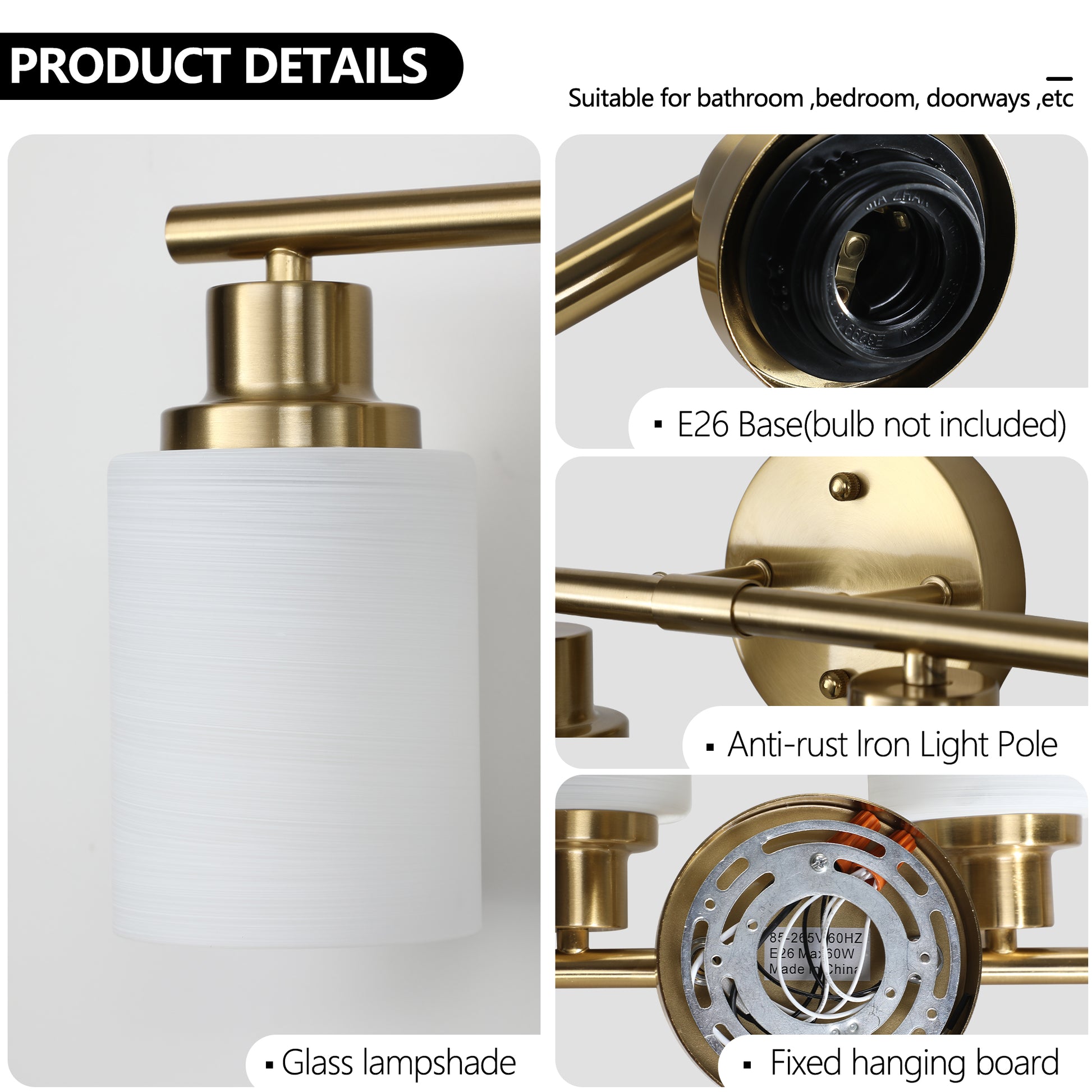 Brass finish modern vanity light with textured glass lampshade