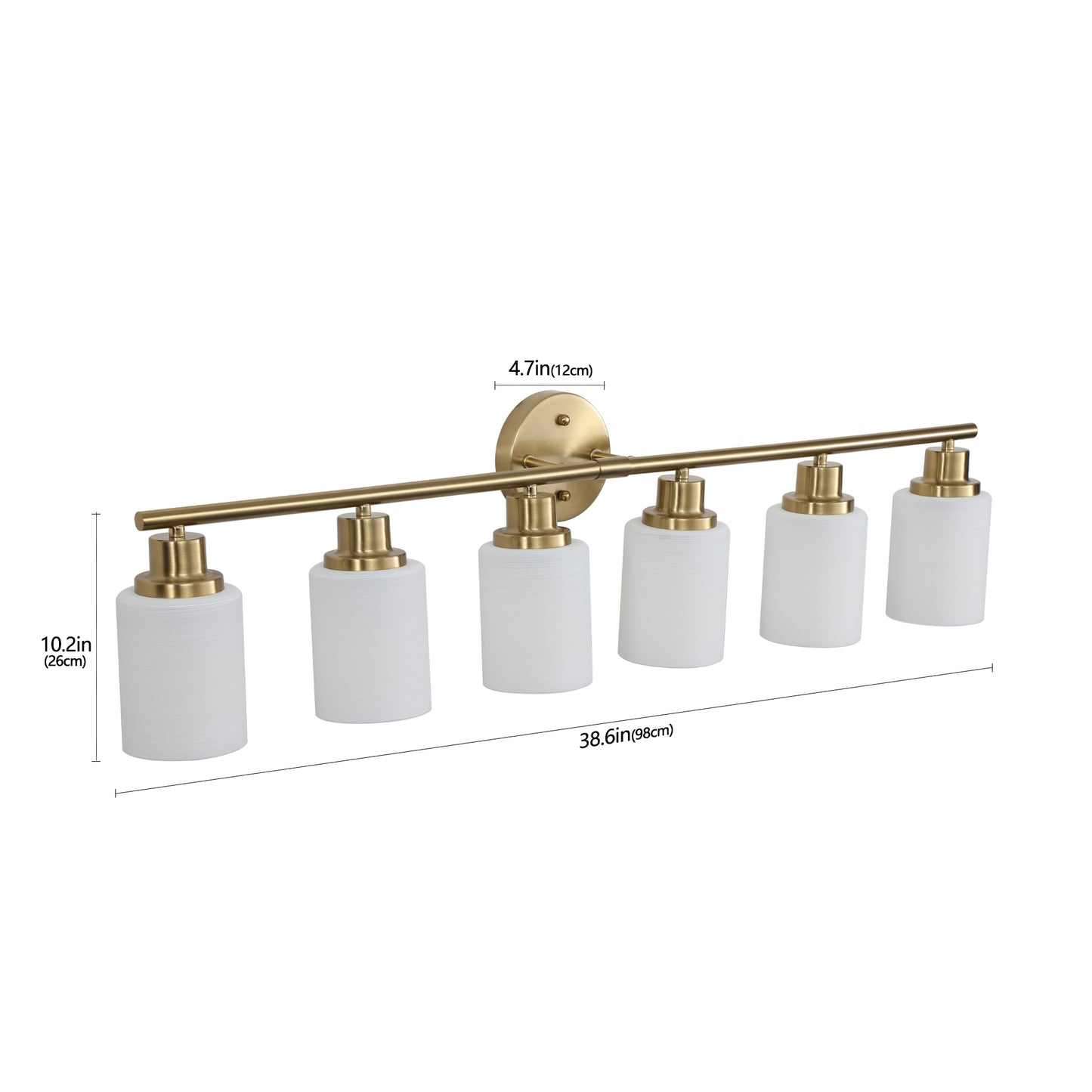 Brushed brass vanity light bar with six frosted glass shades perfect for bathroom illumination