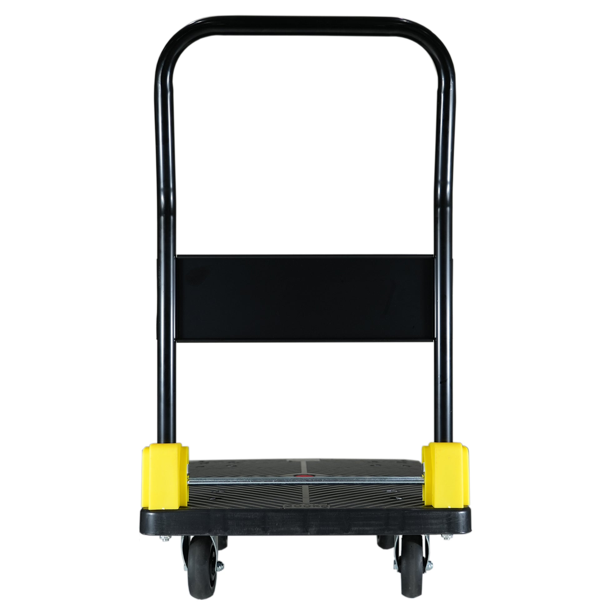 Black steel folding dolly with yellow corner bumpers and a textured platform for secure transport
