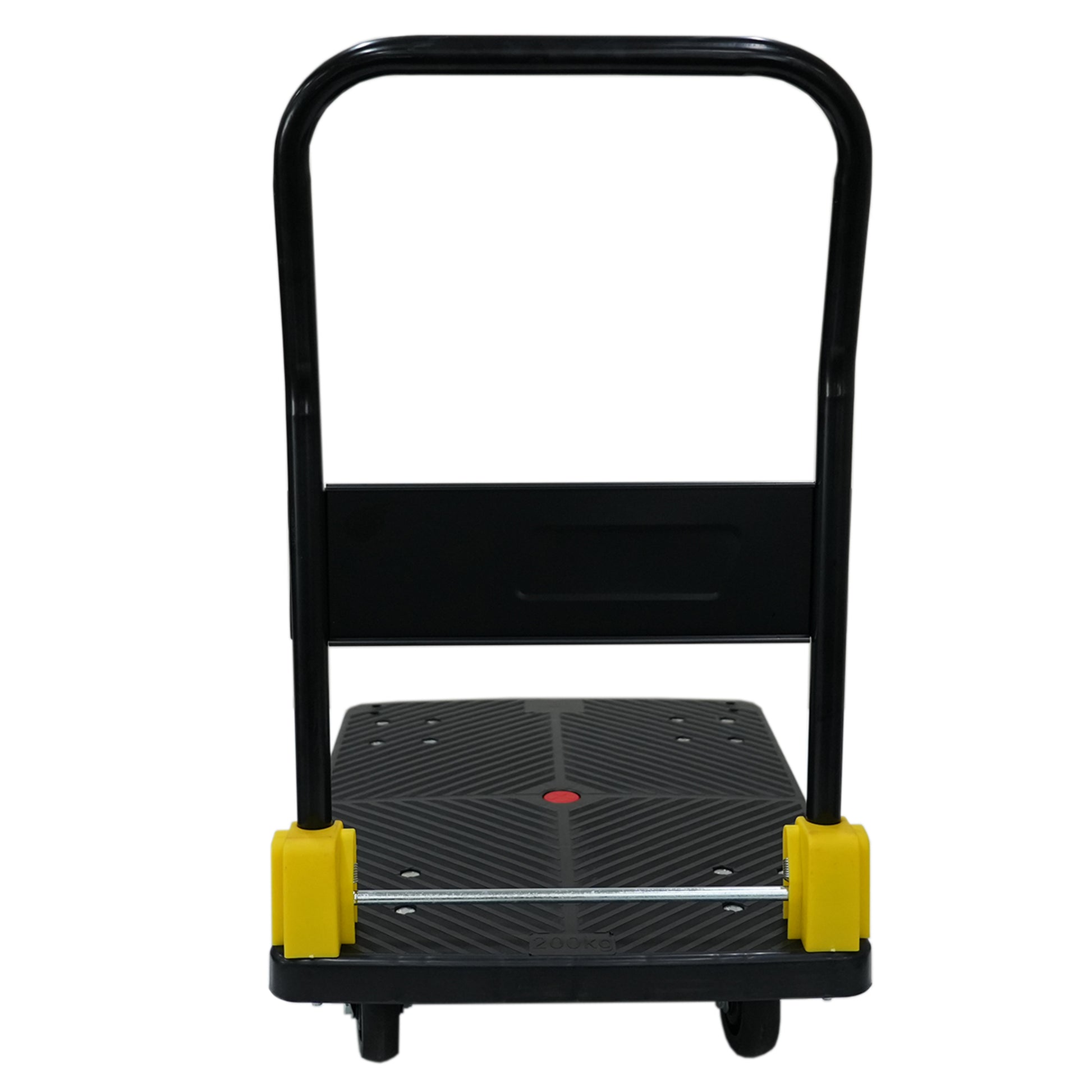 Black folding utility cart with yellow corner guards and a textured platform