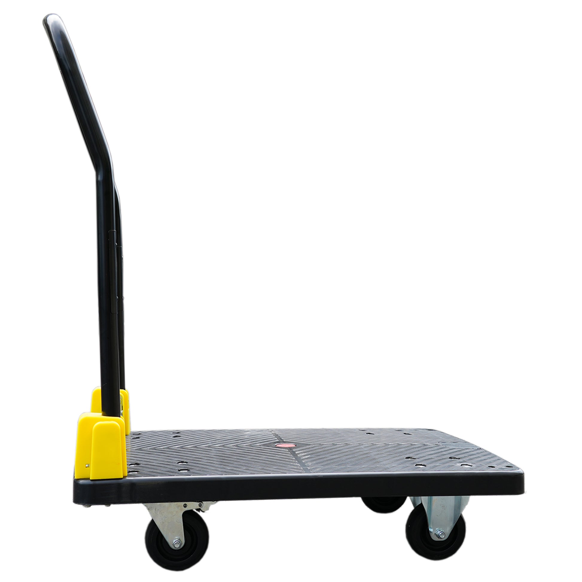 Black foldable trolley with yellow accents ideal for moving heavy items