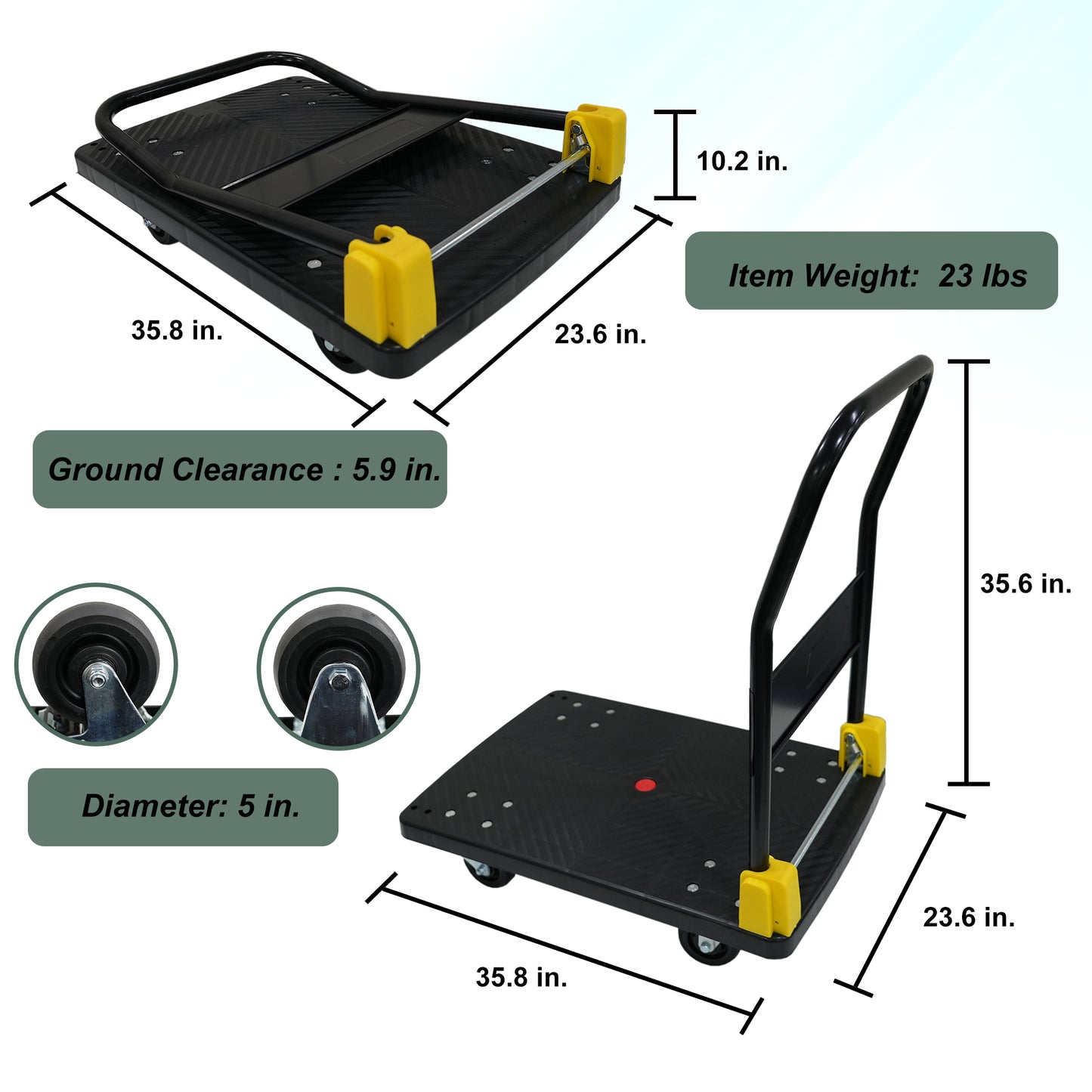 Black foldable moving cart with yellow accents x inches platform