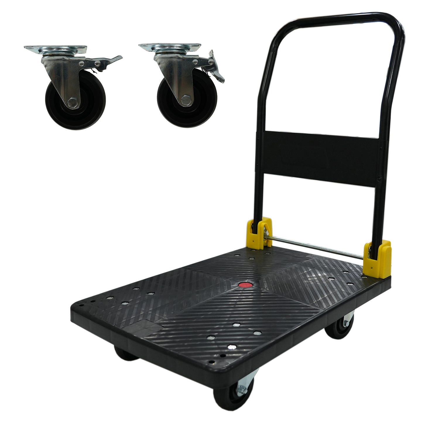 Heavyduty folding dolly with black platform and sturdy handle ideal for moving boxes