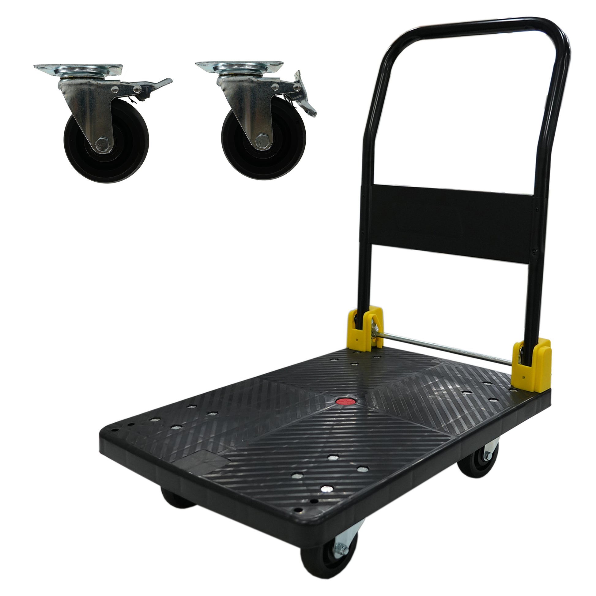 Heavyduty folding dolly with black platform and sturdy handle ideal for moving boxes