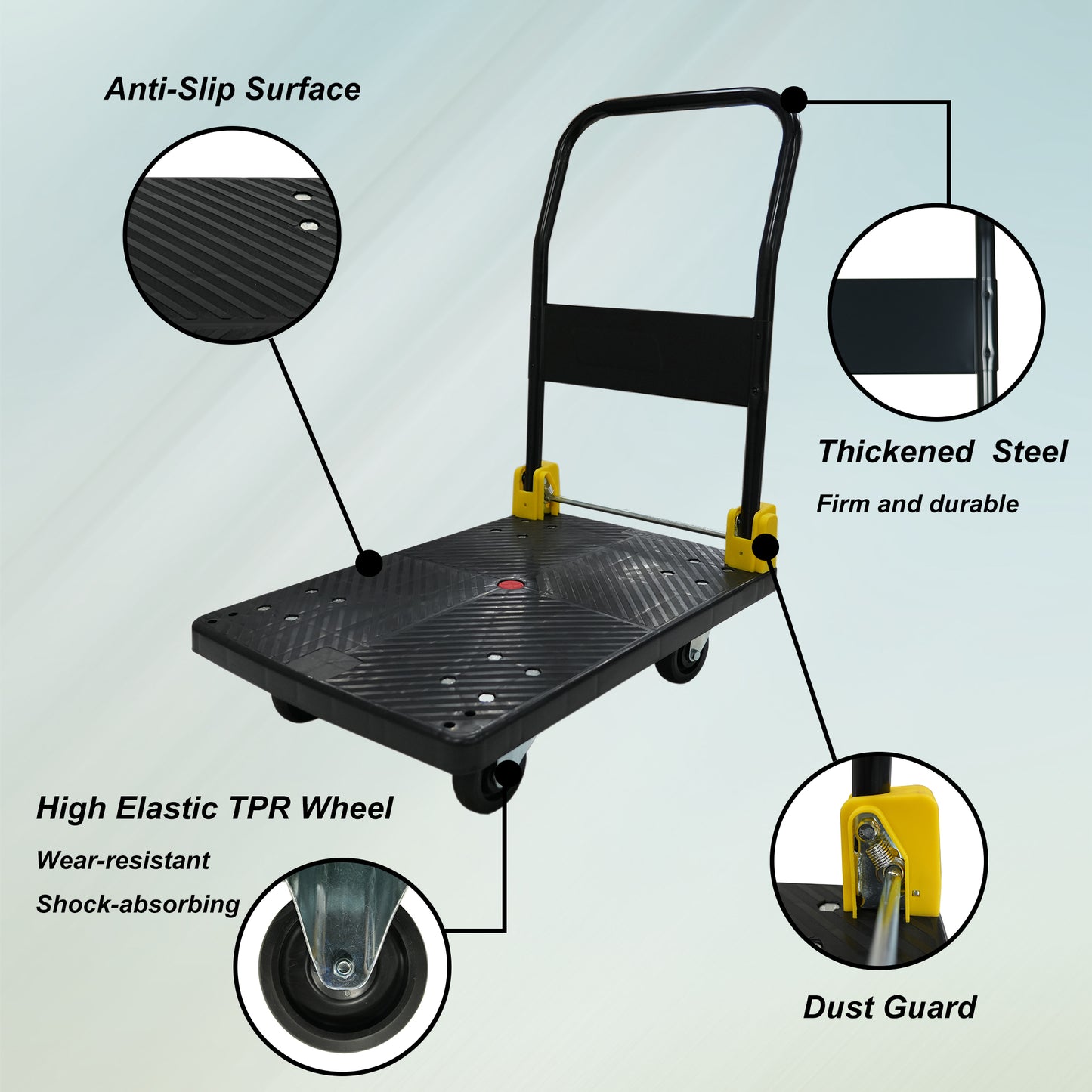 Black folding dolly with antislip surface for secure cargo transport