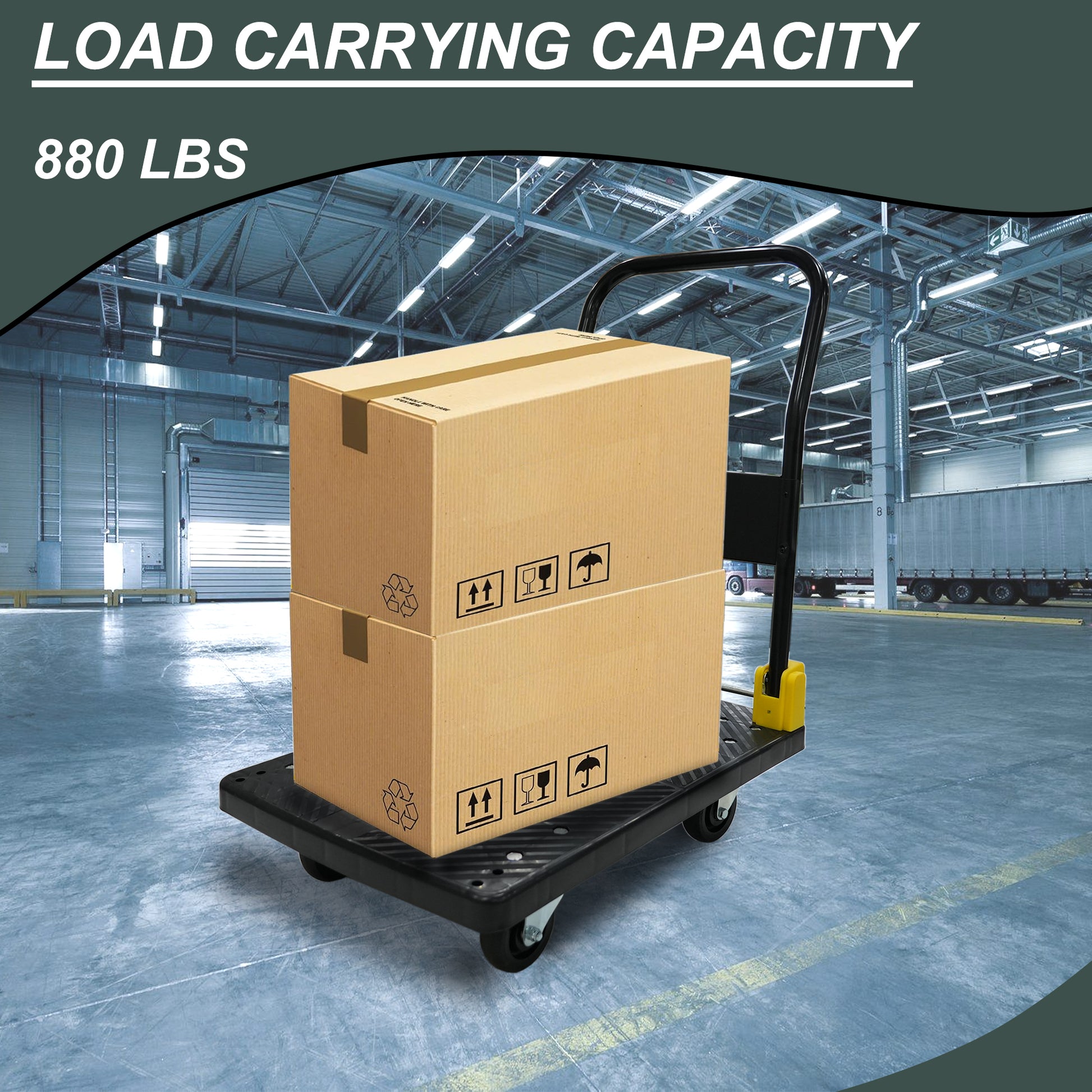 Black folding platform dolly with two stacked cardboard boxes  lb capacity