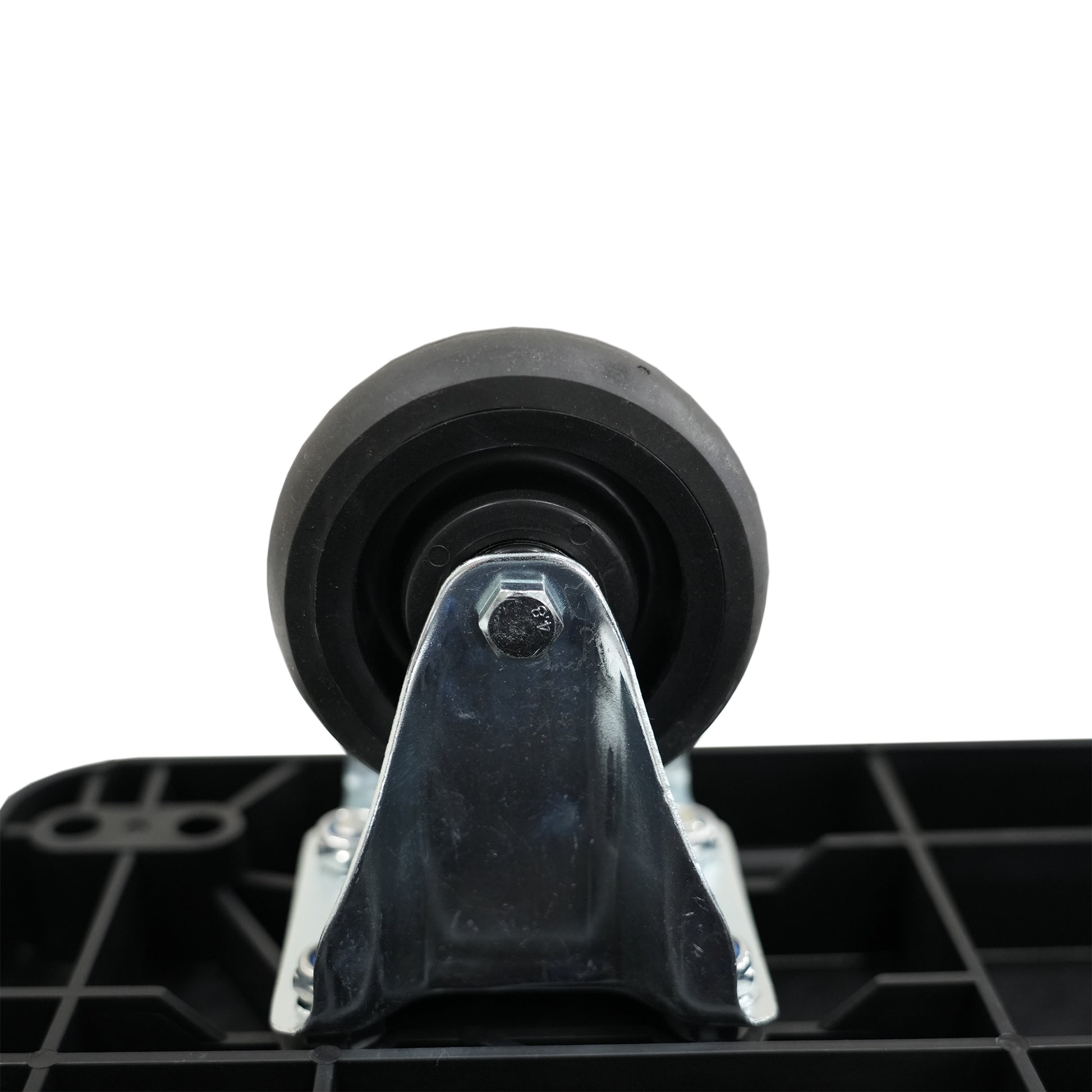 Black rubber caster wheel with silver metal bracket and bolt attachment