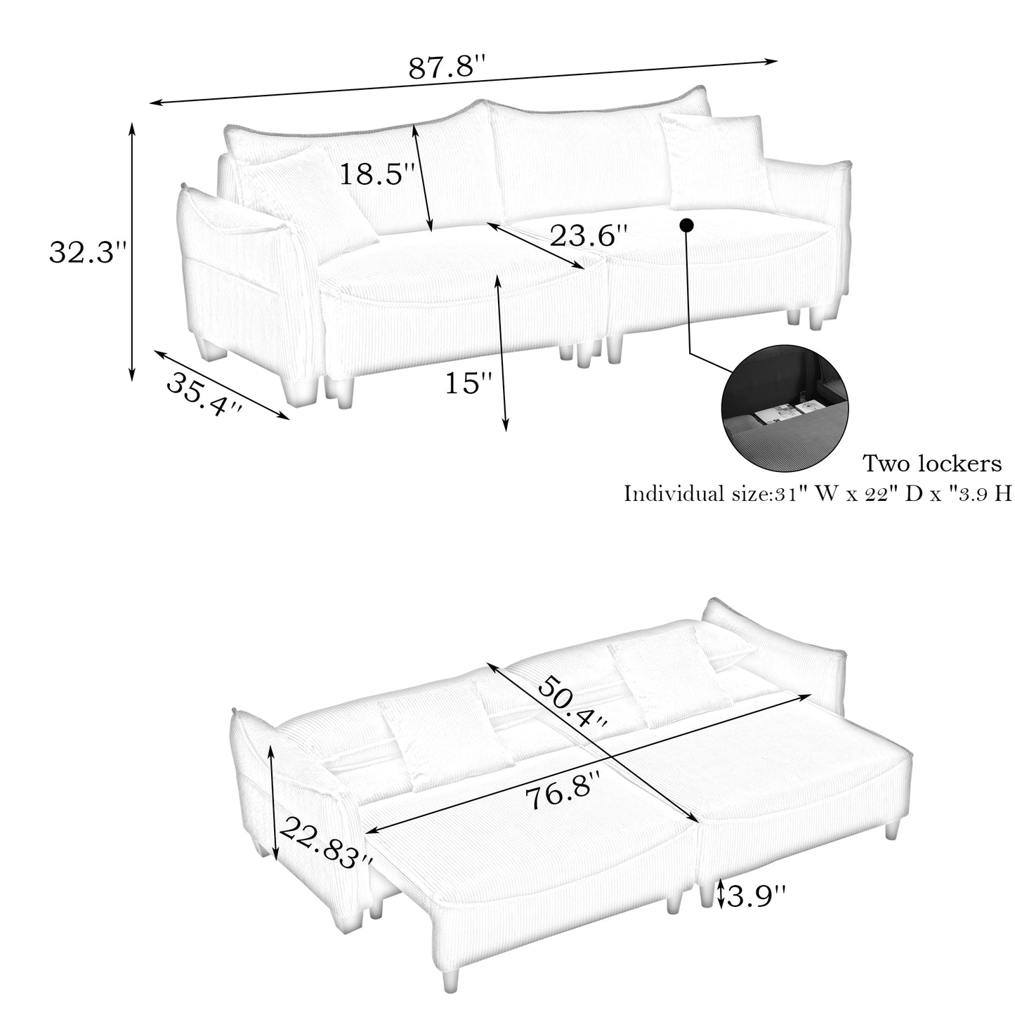 Diagram of sectional sofa with dimensions highlighting seat depth  and height