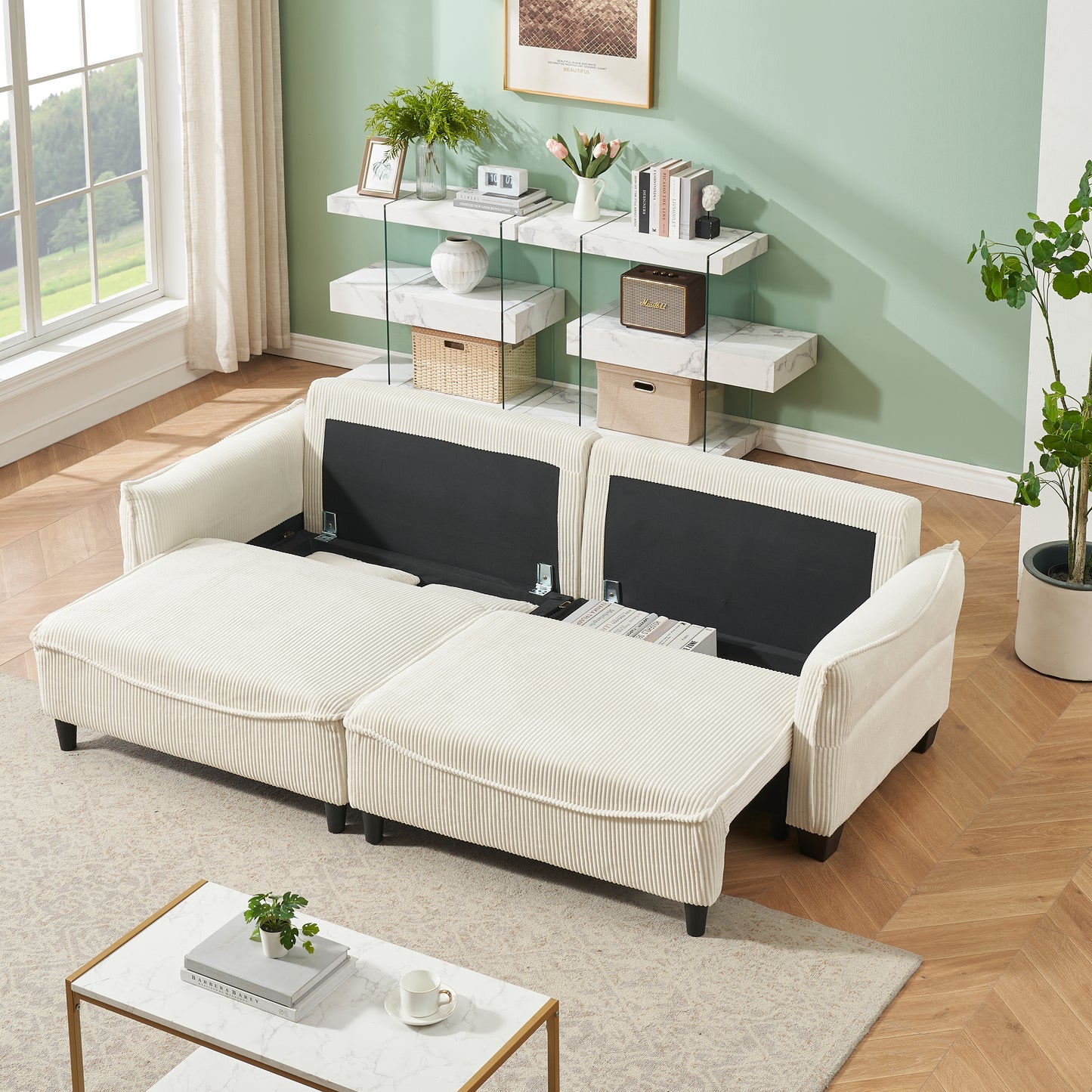 Cream corduroy sectional sofa with hidden storage showcasing modern living room furniture