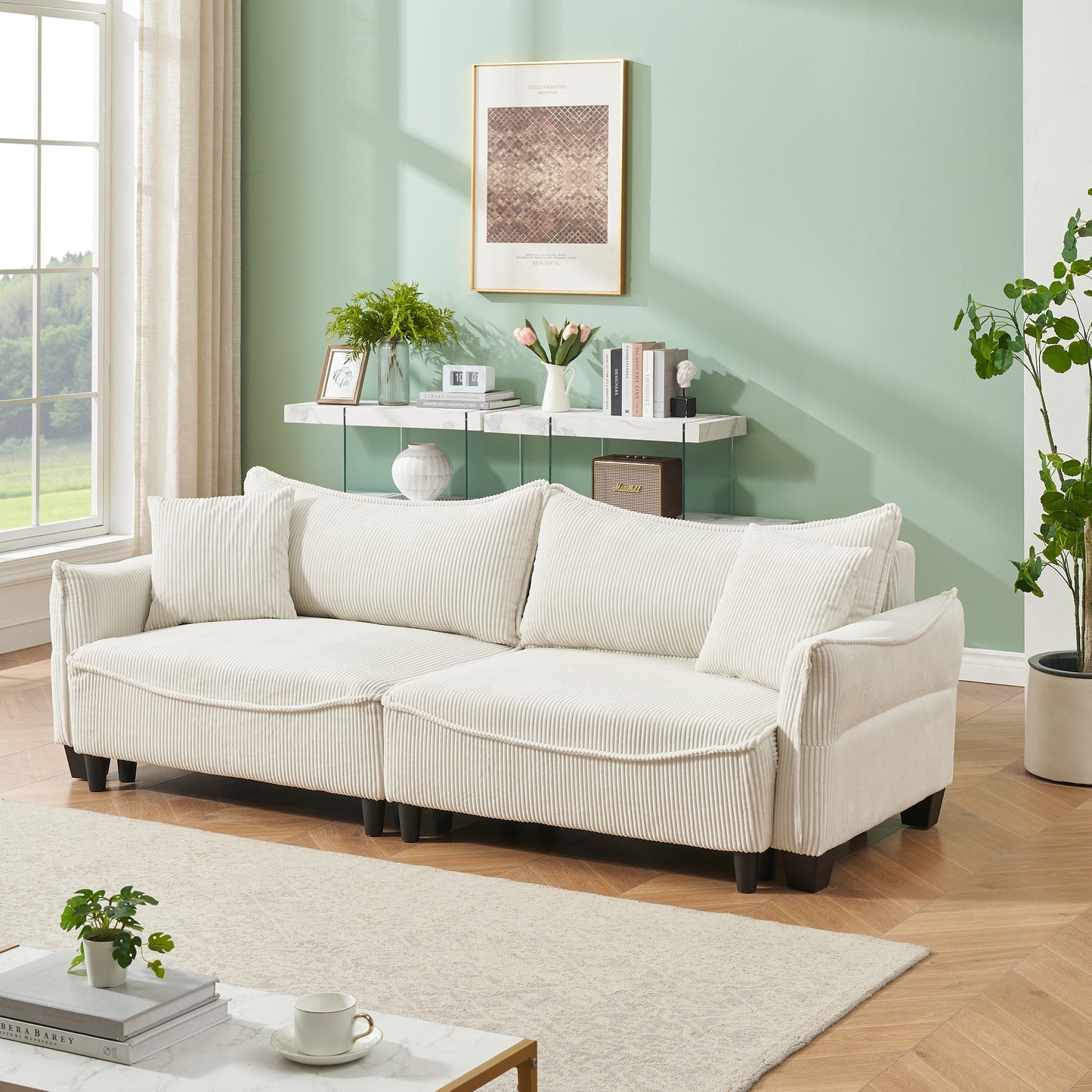 Plush cream corduroy sofa with deep seating and plush cushions for ultimate comfort