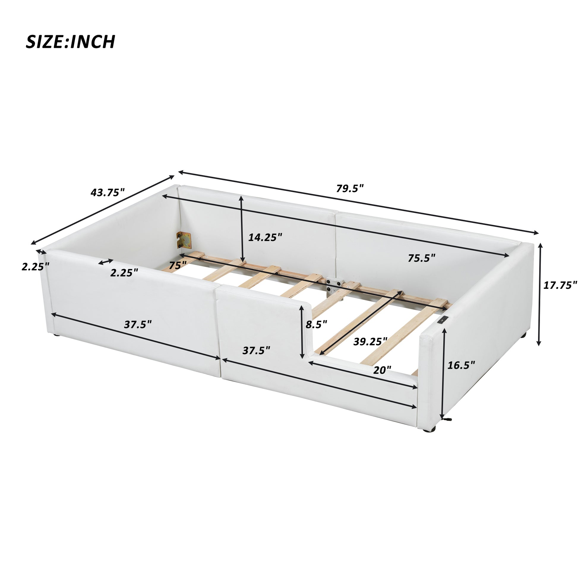White faux leather daybed frame with wooden slats detailed dimensions shown