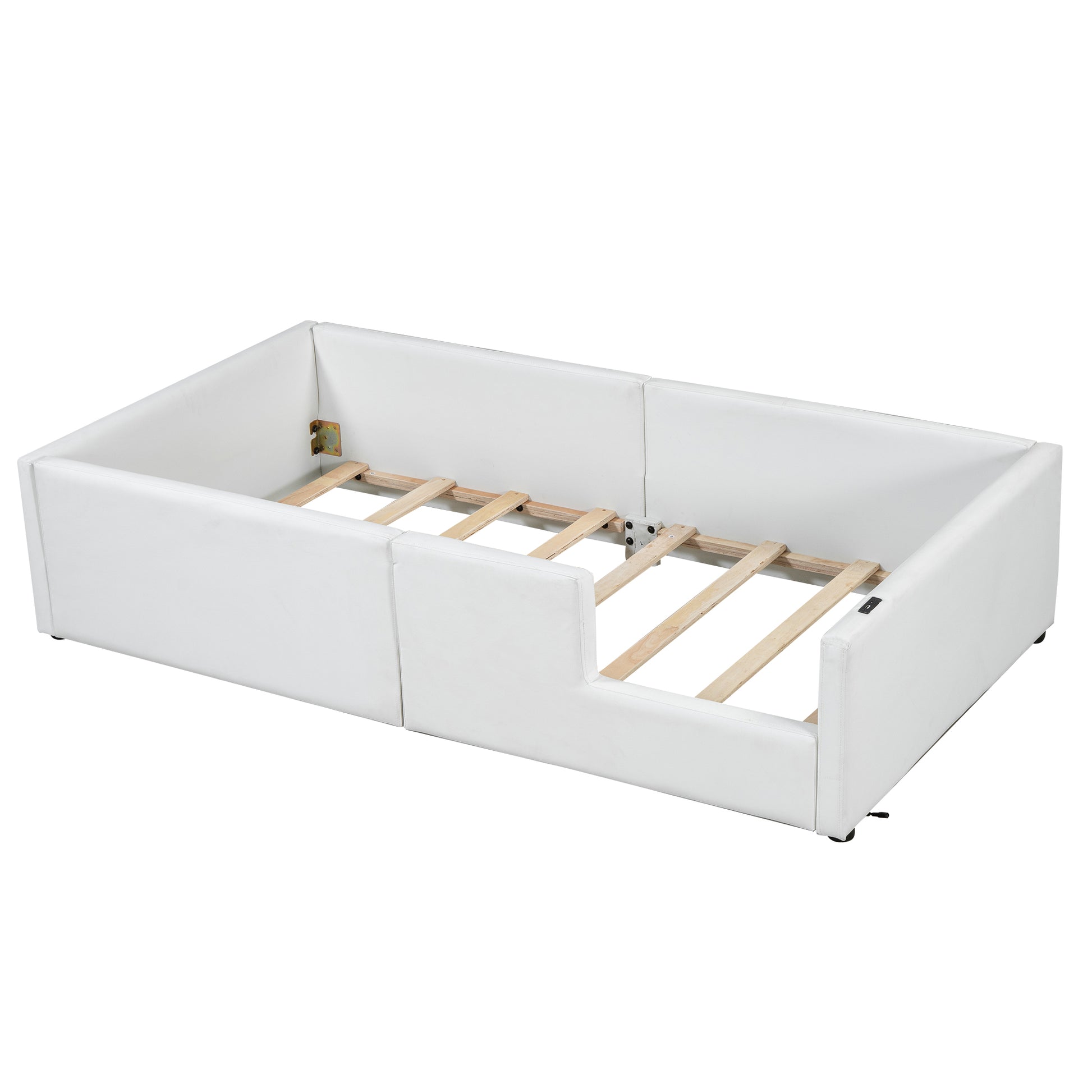White upholstered toddler bed frame with wooden slats designed for safety
