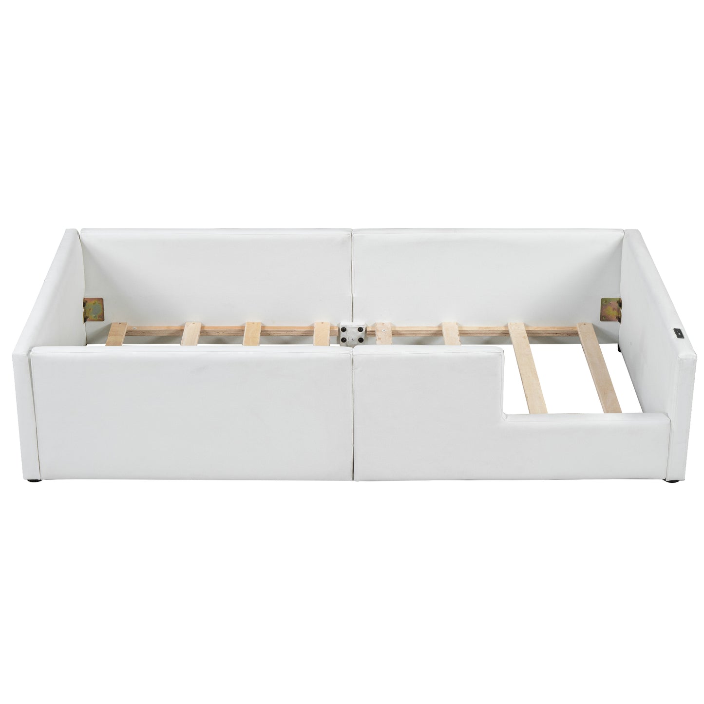 White faux leather daybed frame with slatted wood base detail