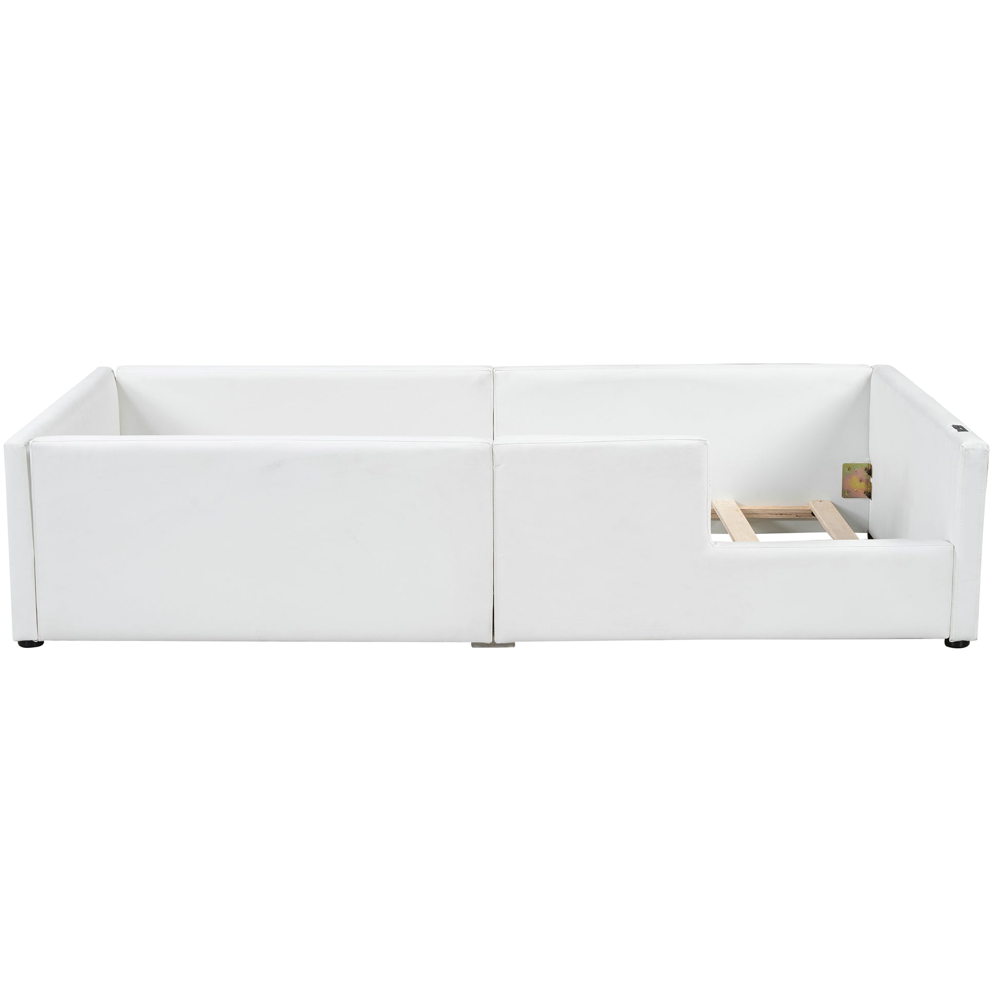 White faux leather modular daybed frame with open slat support