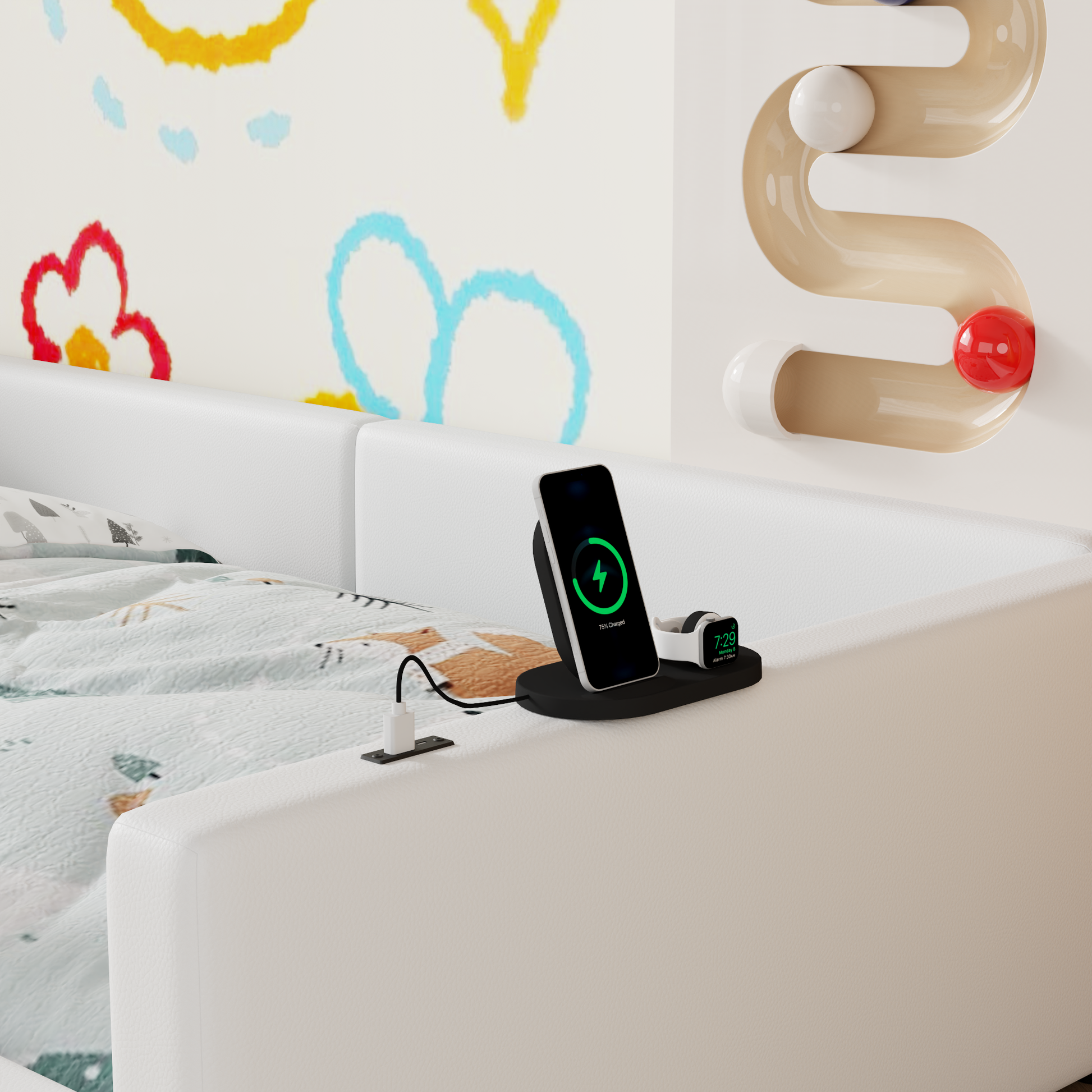 Black wireless charging stand with phone and smartwatch