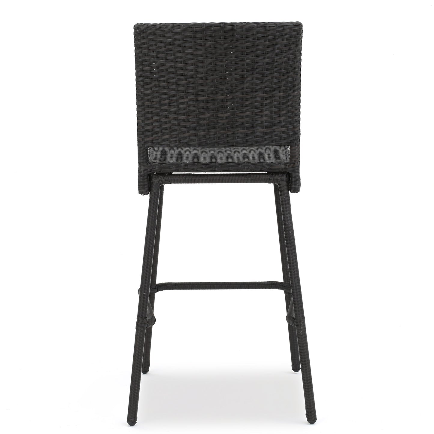 Dark brown woven outdoor bar stool with sturdy metal legs and footrest