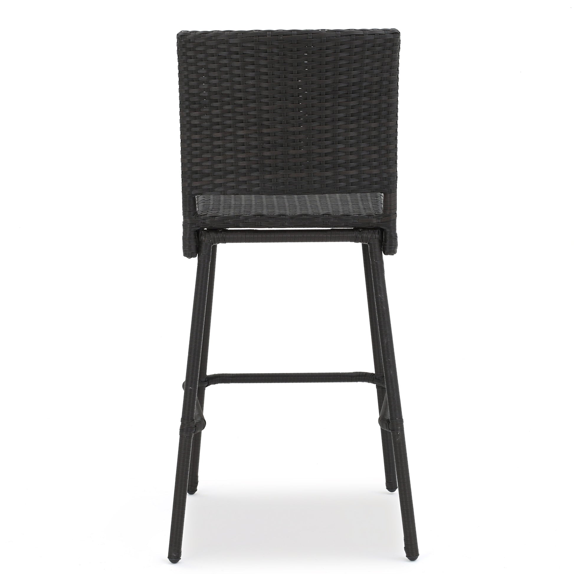 Dark brown woven outdoor bar stool with sturdy metal legs and footrest