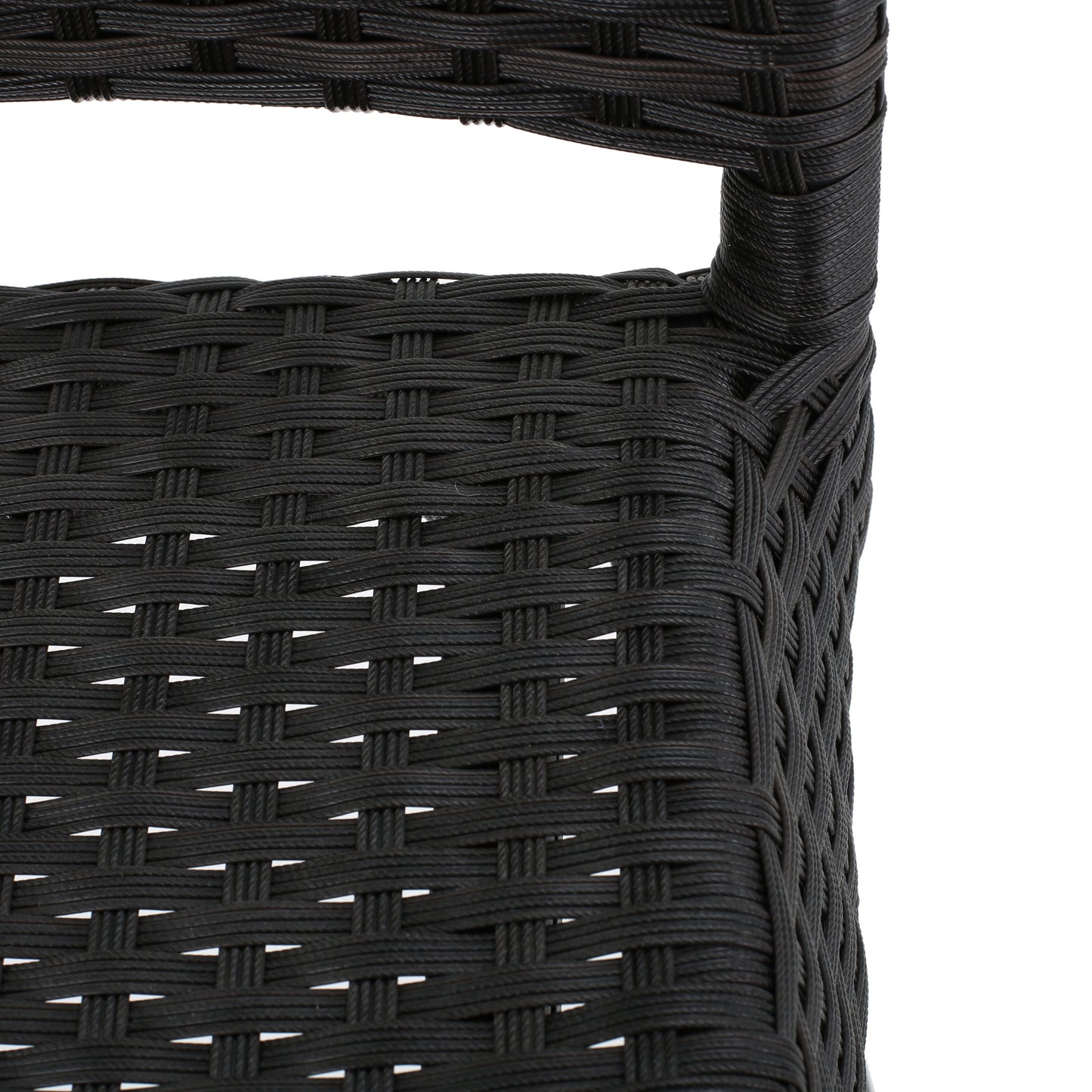 Closeup of dark brown woven resin wicker chair detail on white background