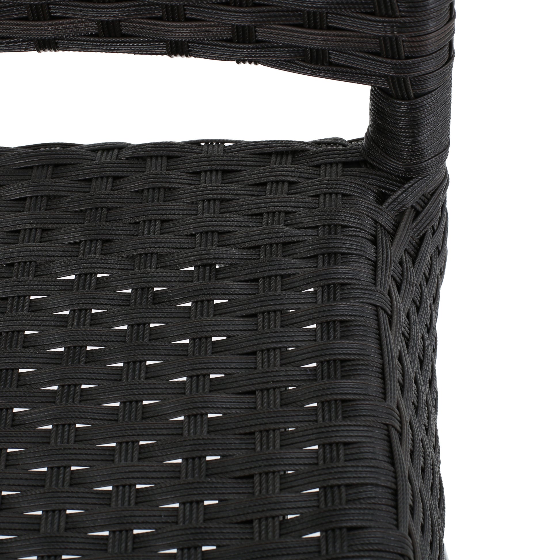 Closeup of dark brown woven resin wicker chair detail on white background