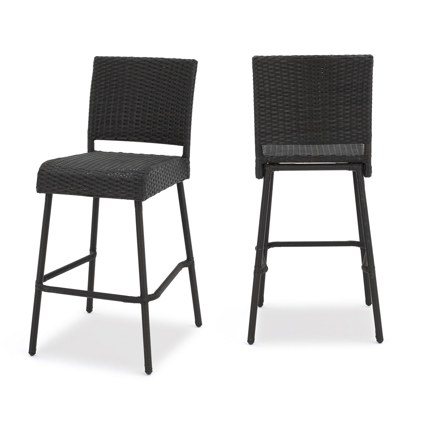 Dark gray wicker bar stool with metal legs perfect for outdoor patios