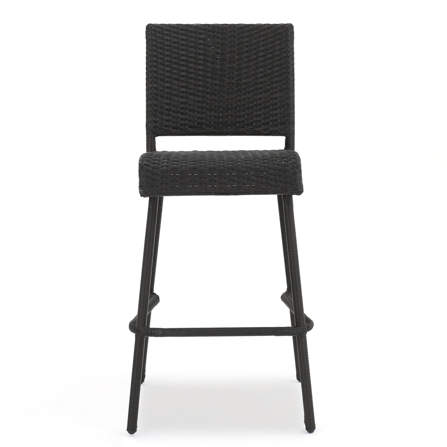 Dark brown wicker bar stool with black metal legs on a white background