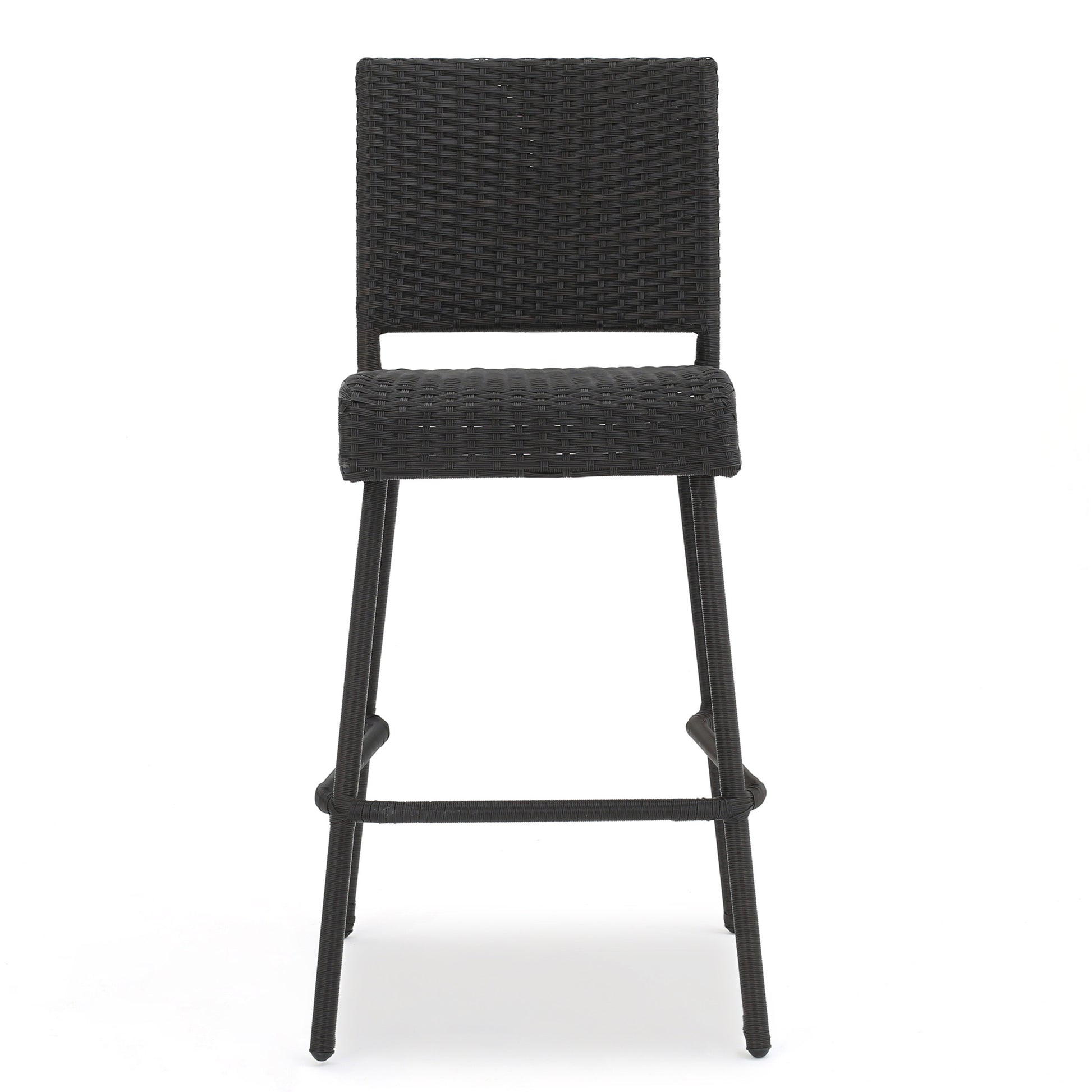Dark brown wicker bar stool with black metal legs on a white background
