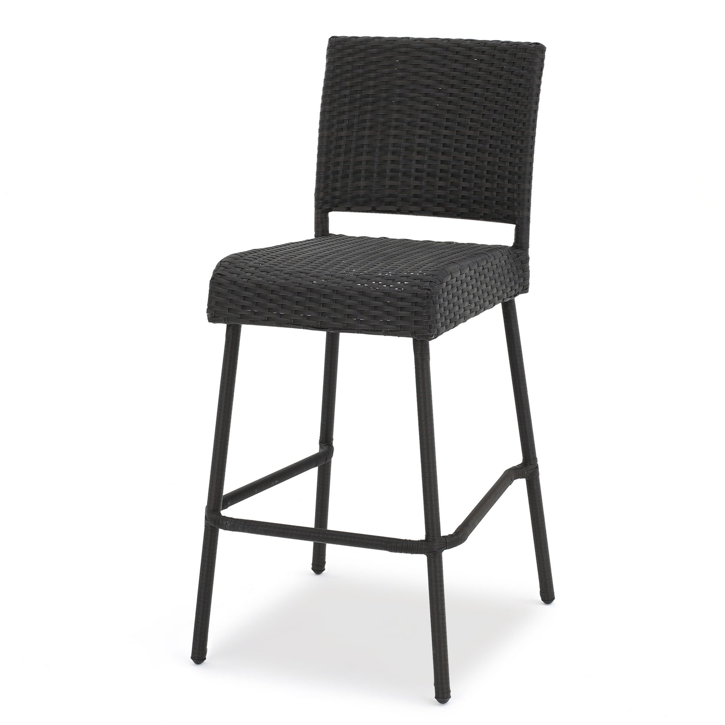Dark grey wicker bar stool with black metal legs perfect for patio seating