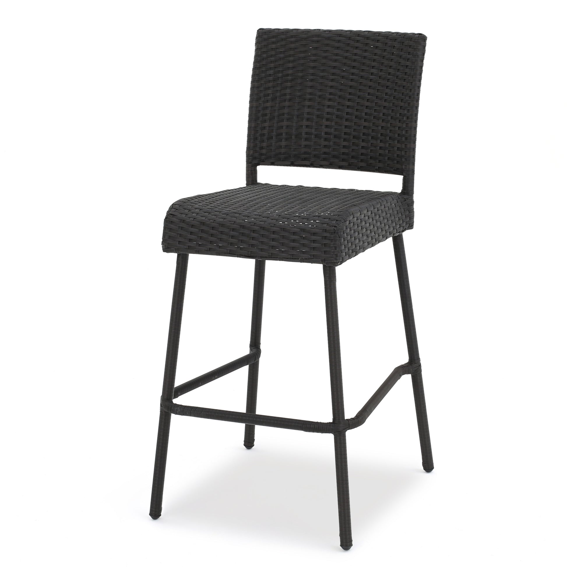 Dark grey wicker bar stool with black metal legs perfect for patio seating