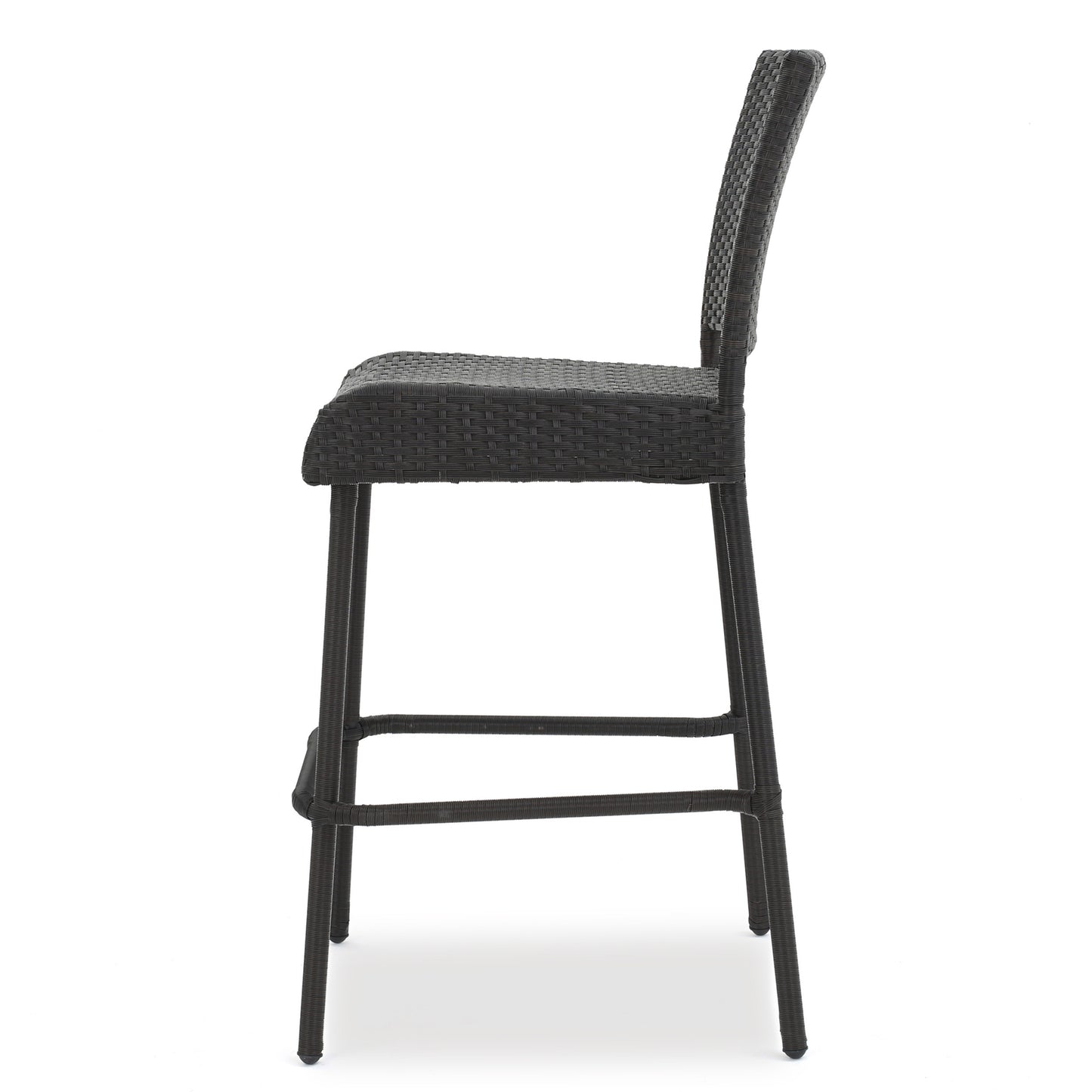 Dark gray wicker bar stool with a woven seat and backrest on white background