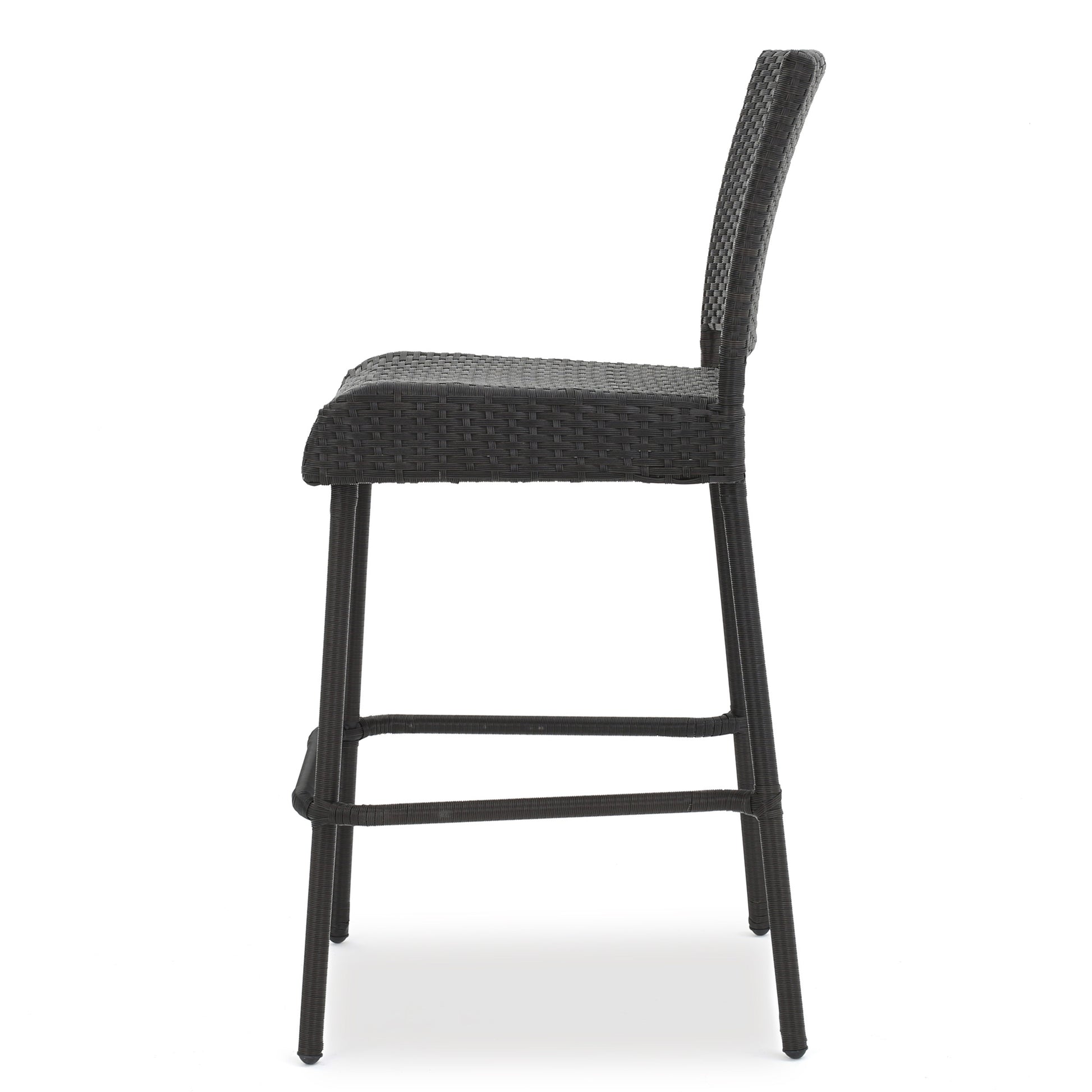 Dark gray wicker bar stool with a woven seat and backrest on white background