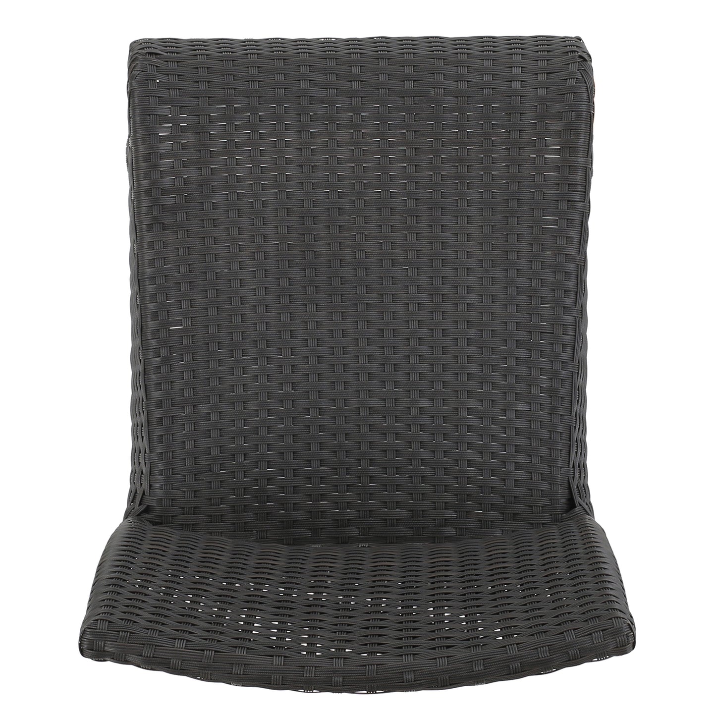 Dark grey rattan patio chair with woven seat and back