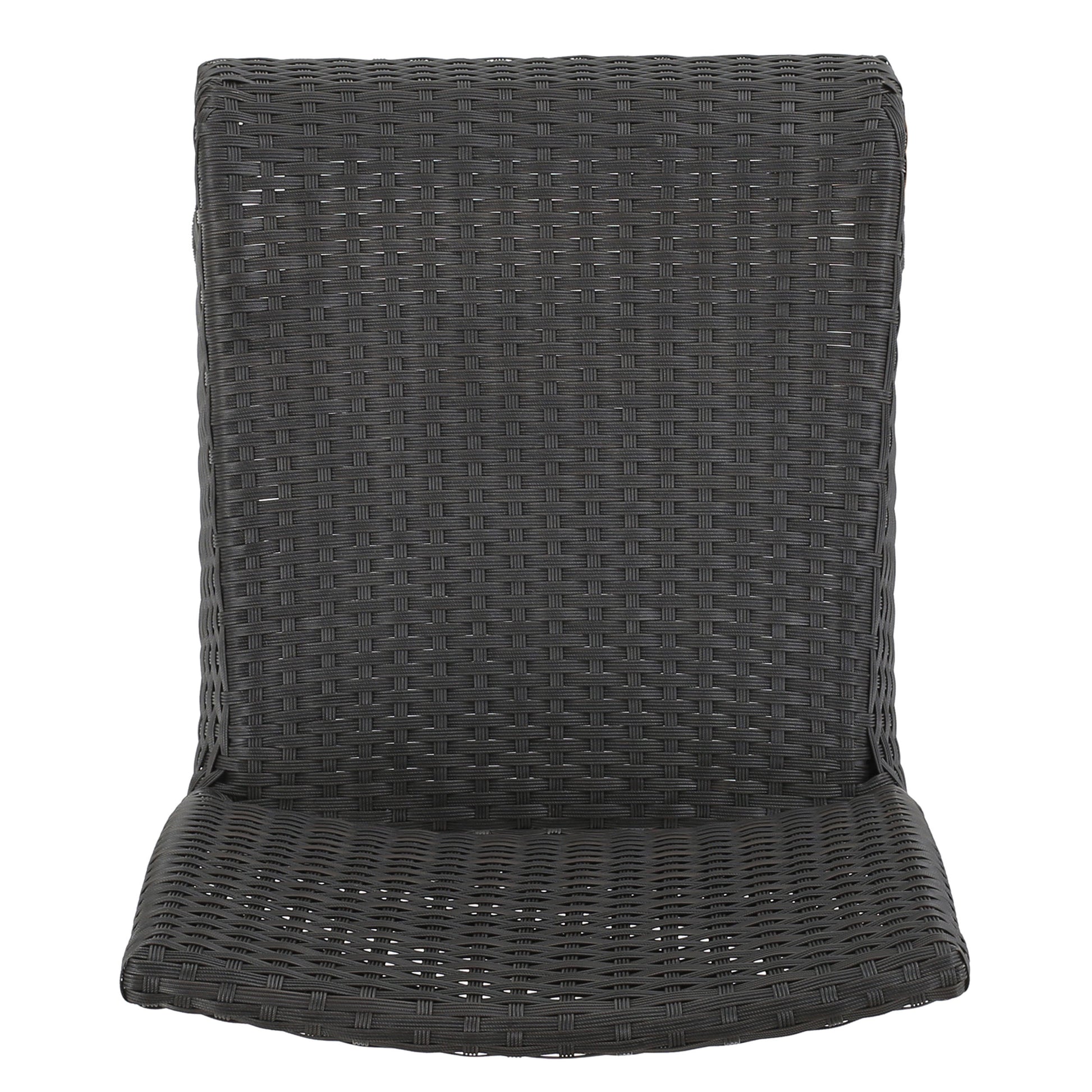 Dark grey rattan patio chair with woven seat and back