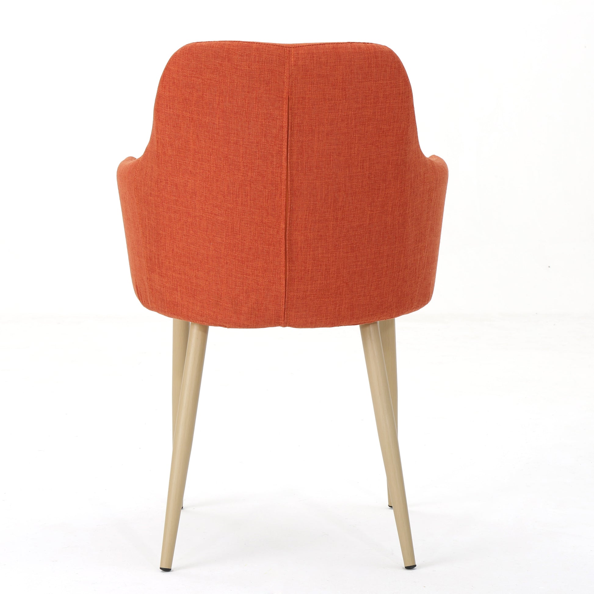 Orange upholstered armchair with curved back and four light wood legs contemporary design