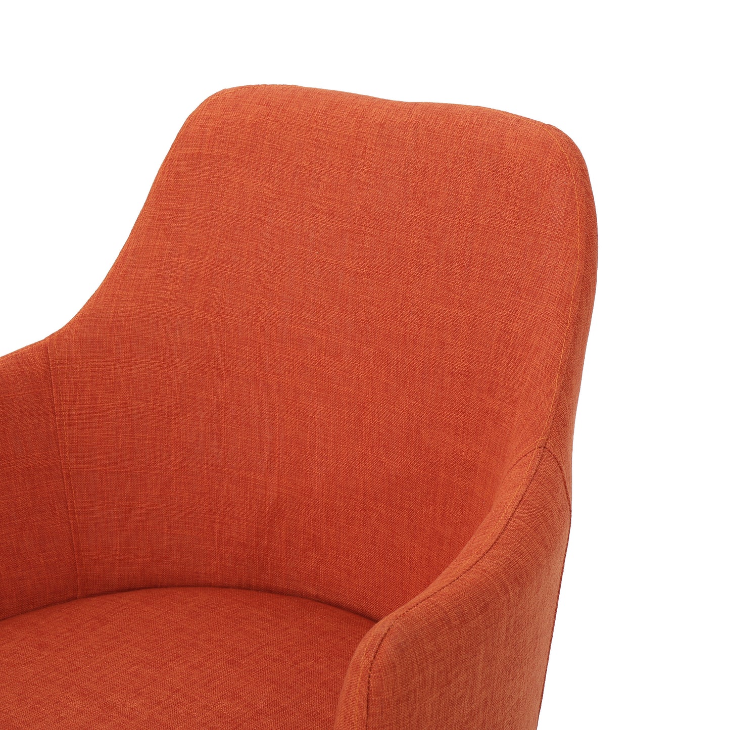 Closeup of a textured burnt orange fabric armchairs armrest and seat cushion