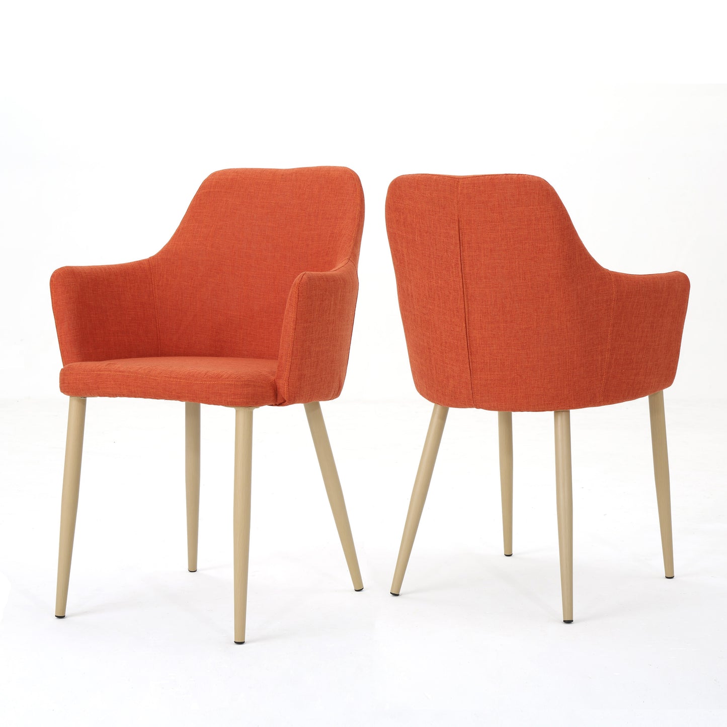 Orange fabric accent chair with light wood legs perfect for modern dining