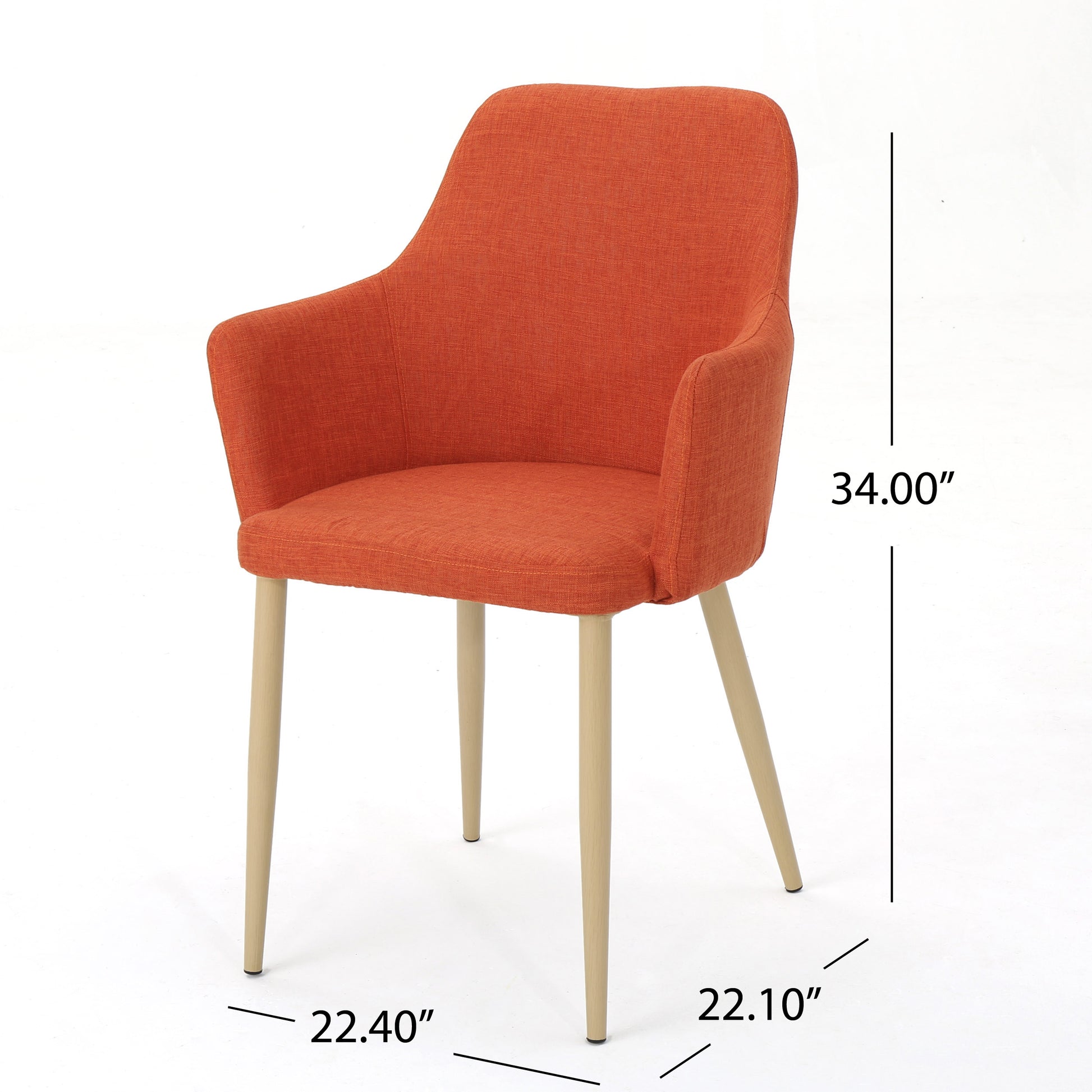 Orange upholstered accent chair with light wood legs
