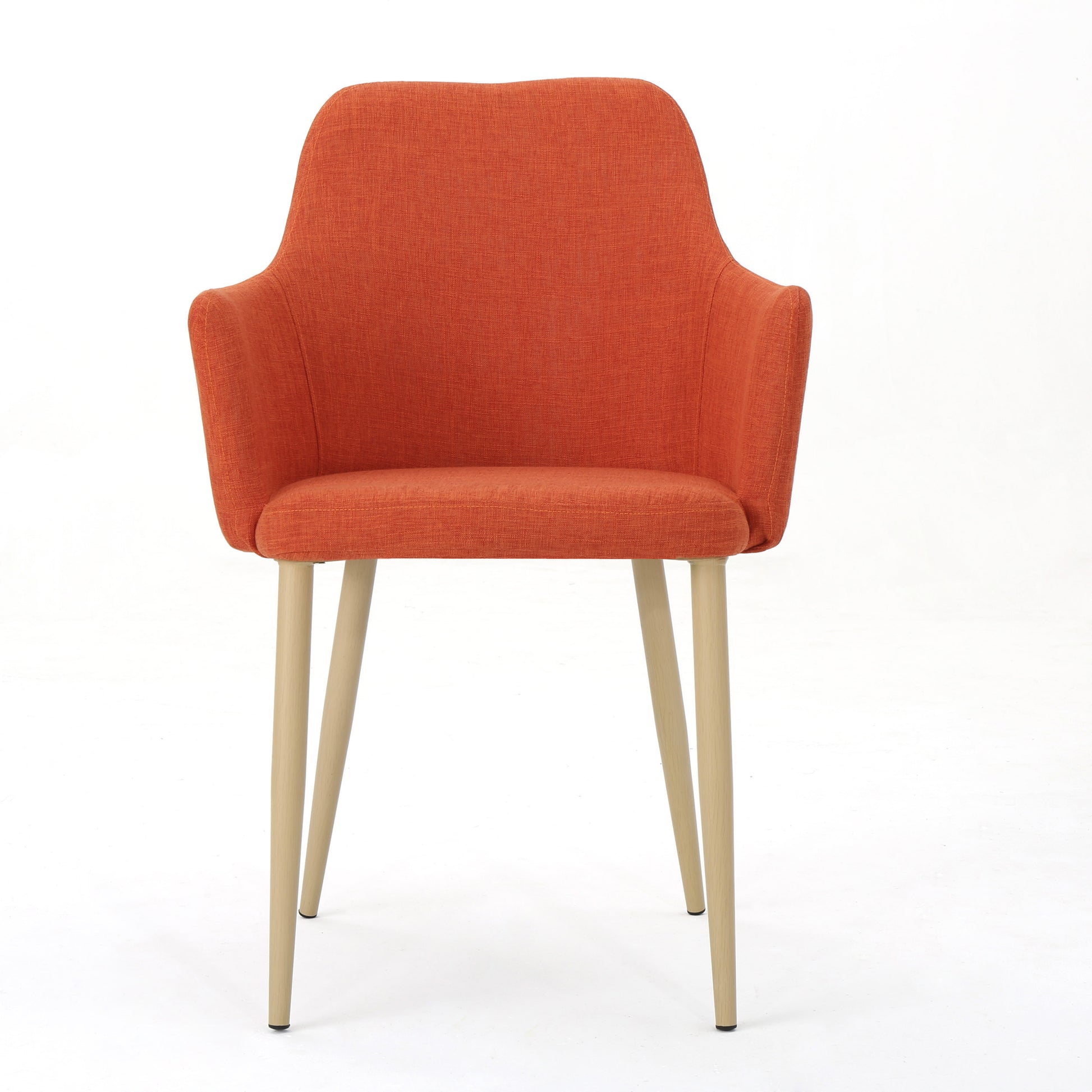 Orange fabric accent chair with tapered wooden legs ideal for dining or living spaces