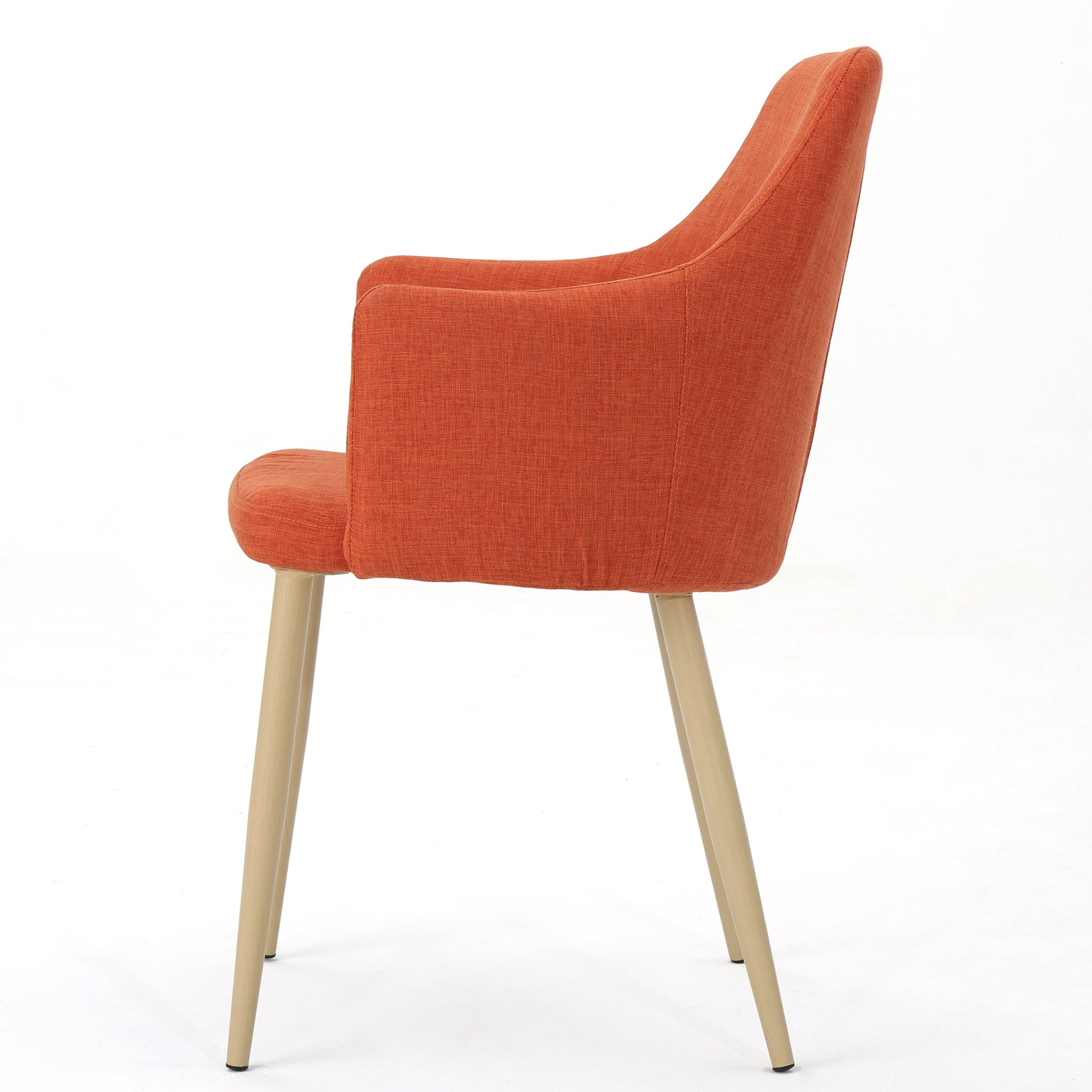 Orange fabric accent chair with light wood legs