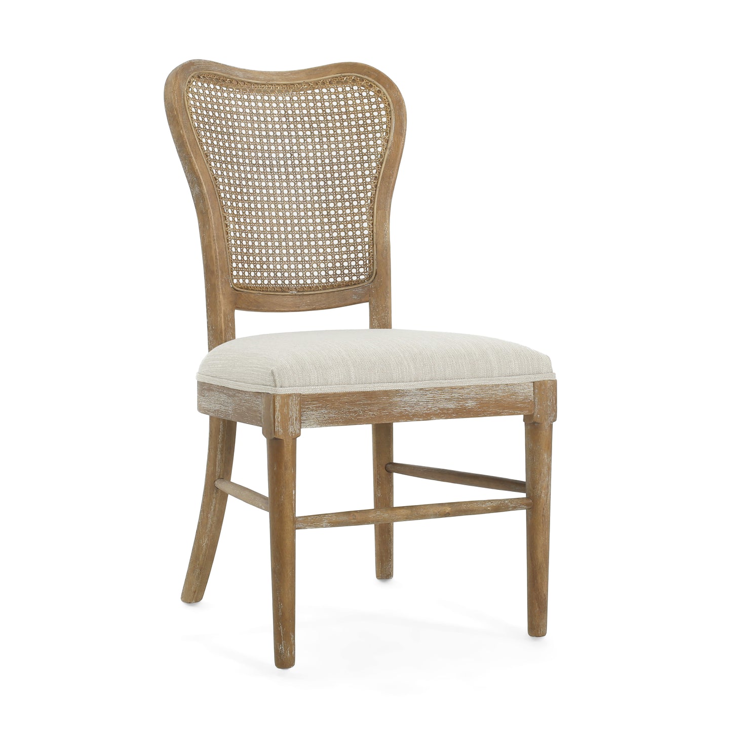 Weathered wood dining chair with a woven cane back and upholstered seat
