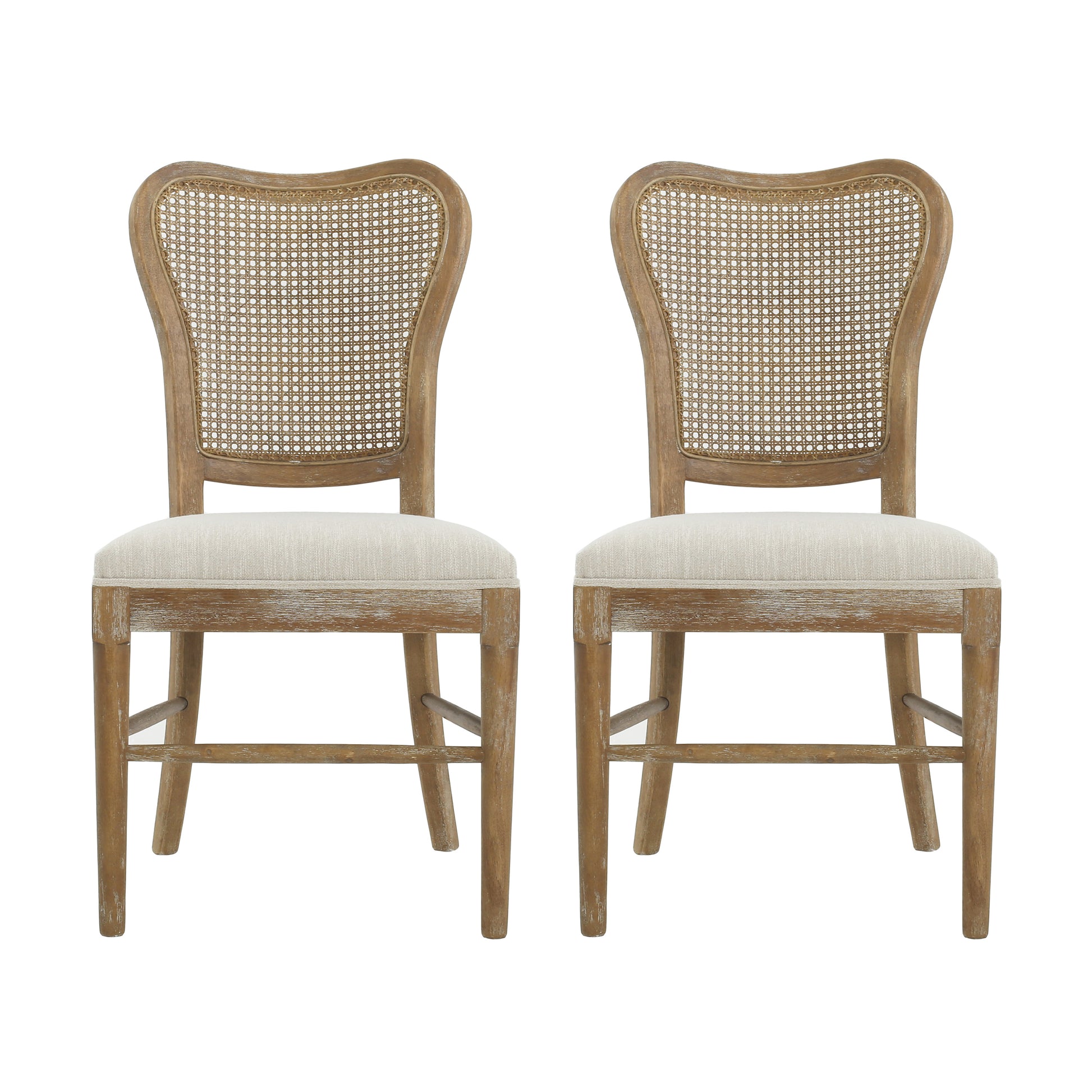 Two distressed wood dining chairs with woven cane backs and upholstered seats