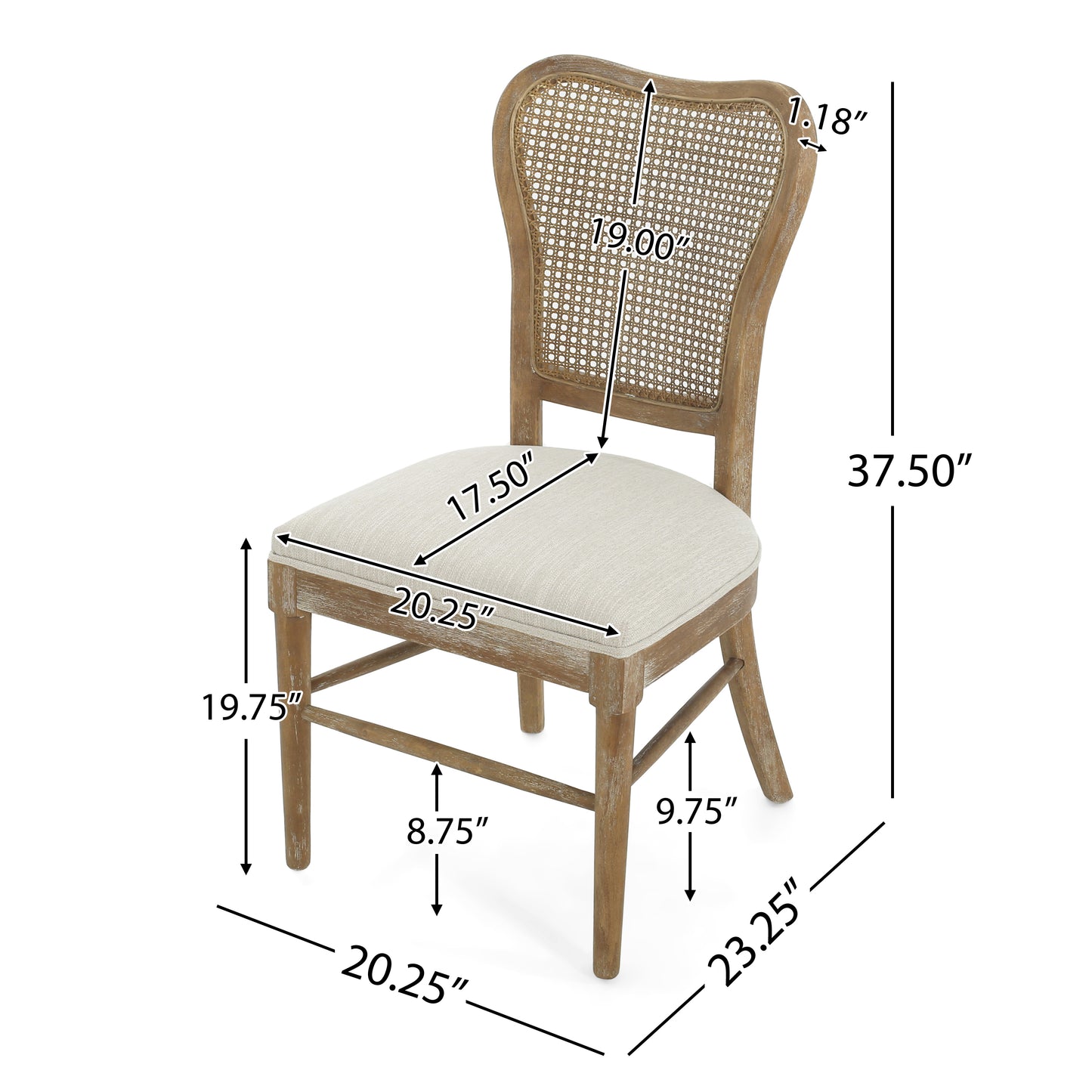 Distressed wood cane dining chair with natural linen upholstered seat