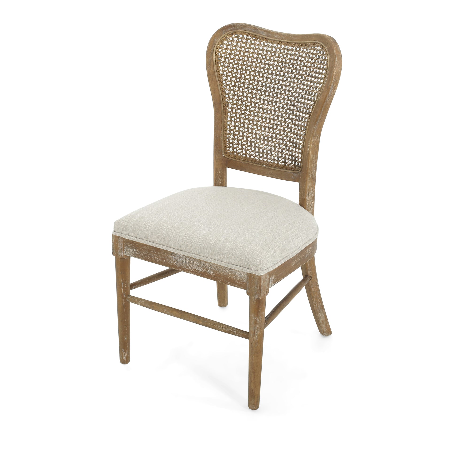 Wooden dining chair with woven cane back and cream upholstered seat