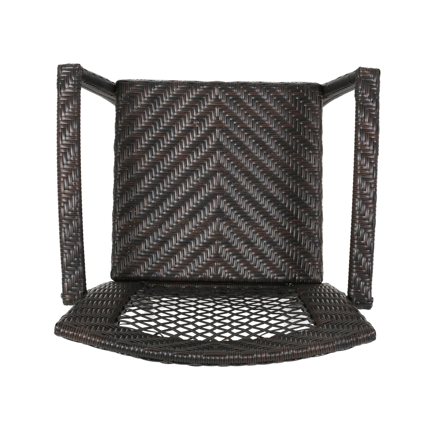 Dark brown woven wicker chair seat and back with arms
